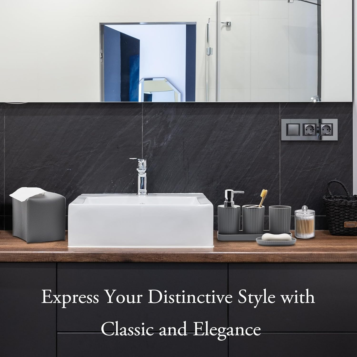 Bathroom Accessory Set - 10 Piece Grey Bathroom Accessories Set with Trash Can, Toothbrush Holder and Cup, Soap Dispenser, Soap Dish, Toilet Brush Holder, Vanity Tray, Qtip Holder, Tissue Box Cover