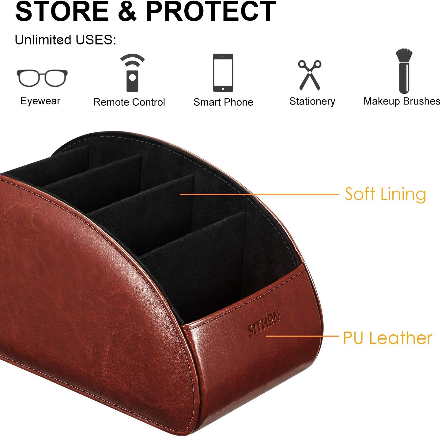 SITHON Remote Control Holder with 5 Compartments - PU Leather Remote Caddy Desktop Organizer, Brown