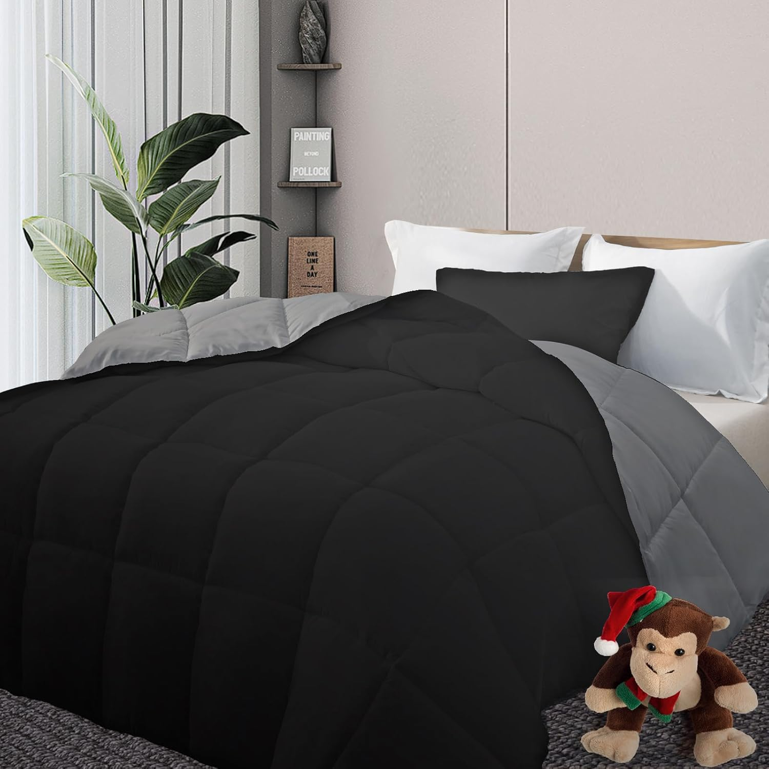 DOWNCOOL Comforter King Size, Reversible Duvet Insert,Black/Grey All Season Blanket, Lightweight Quilt, Down Alternative Hotel Comforter with Corner Tabs (Black/Gray, King 102x90 Inches)