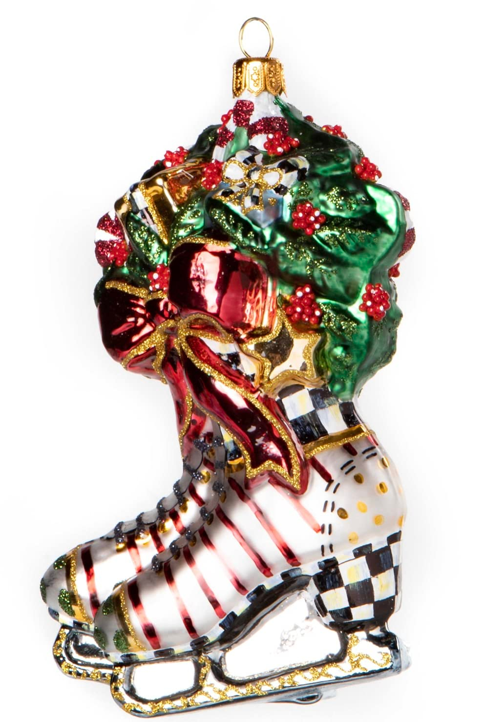 Handcrafted Holiday Skates Glass Ornament with Greenery