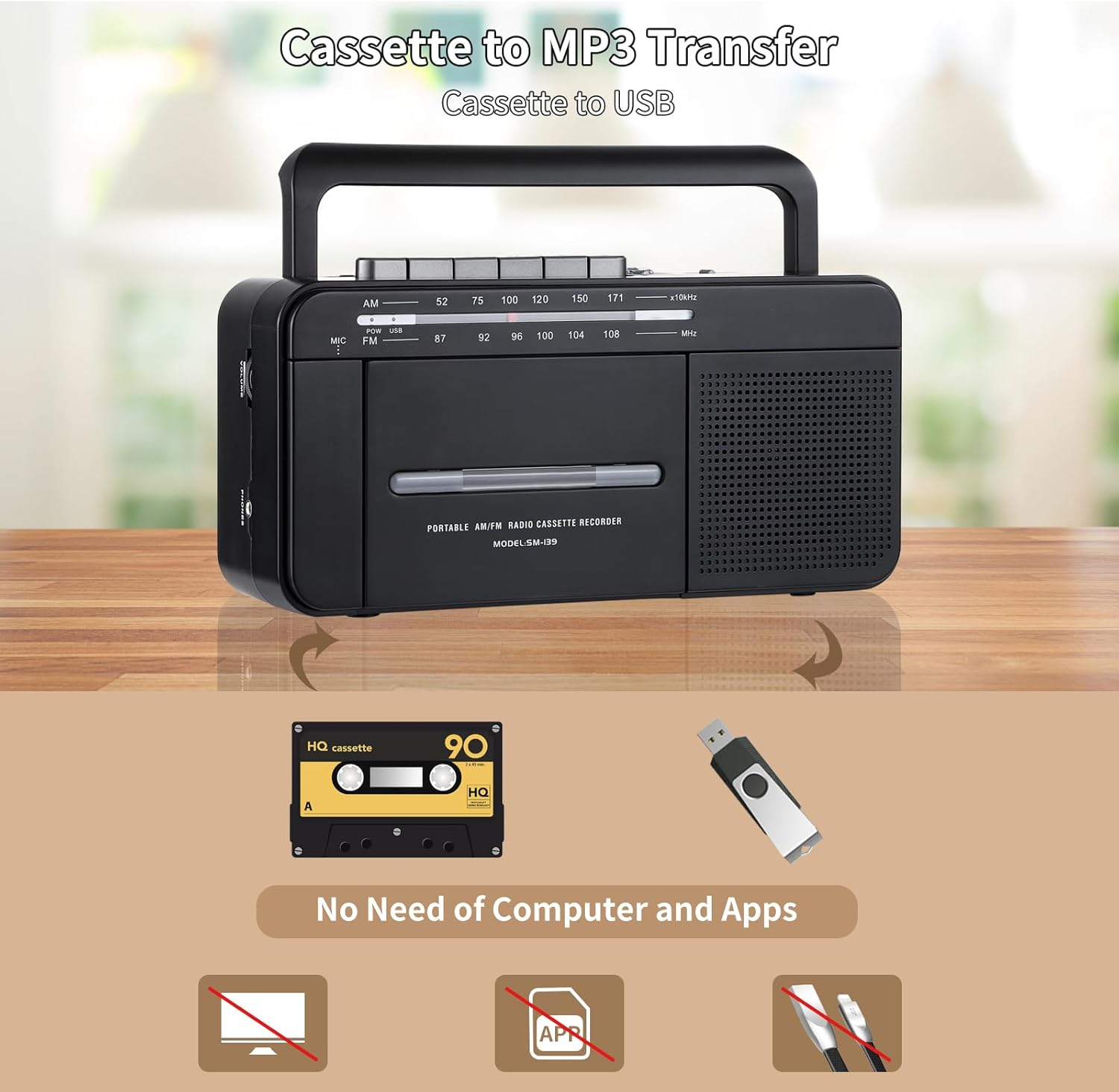Boombox MP3 Conversion Cassette Tape Player Recorder AM FM Radio, Cassette to MP3 Digital Converter, USB Recording, Built-in Microphone, Big Speaker and Earphone Jack by AC or C Batteries