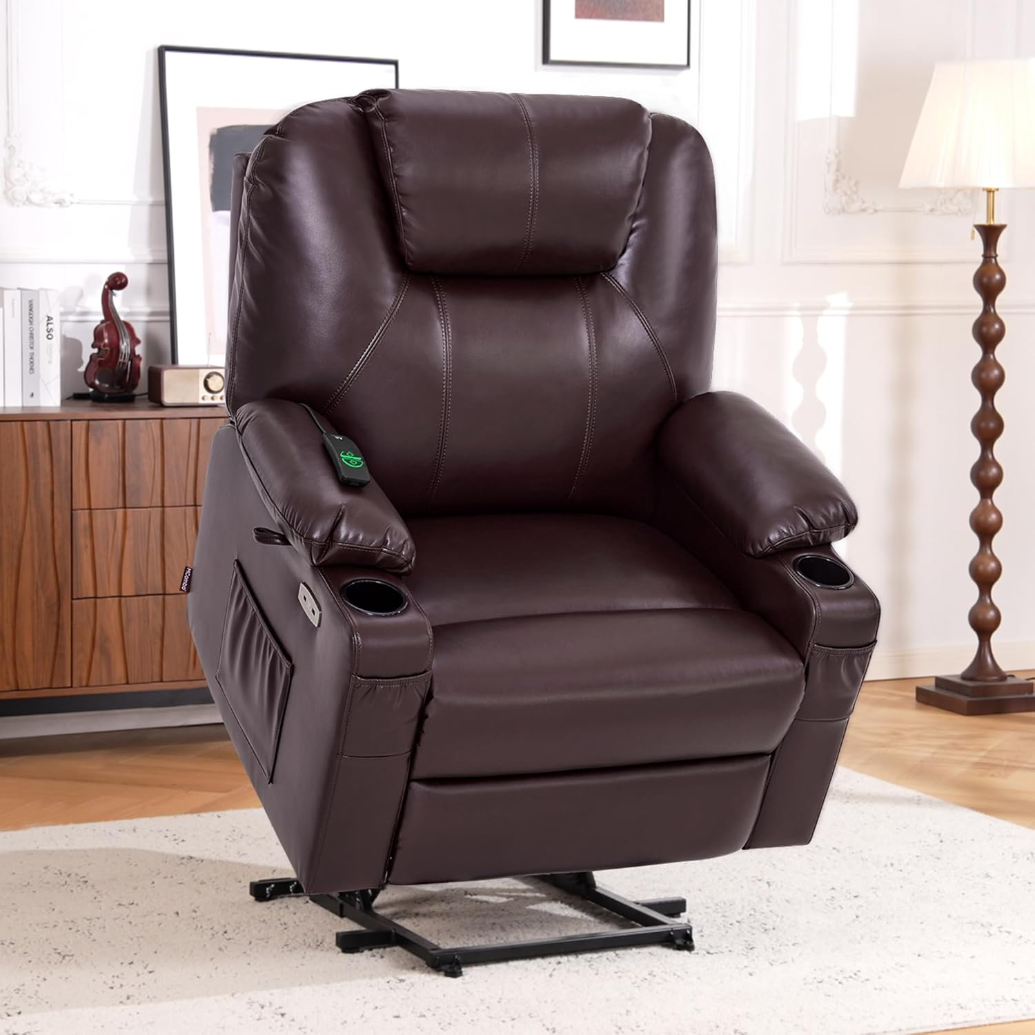 MCombo Oversized Power Lift Recliner Chair for Elderly, Lift Chair with Heat and Massage for Big and Tall, USB&Type C Ports, Cup Holders, Faux Leather R7510 (Dark Brown, Large-Wide)