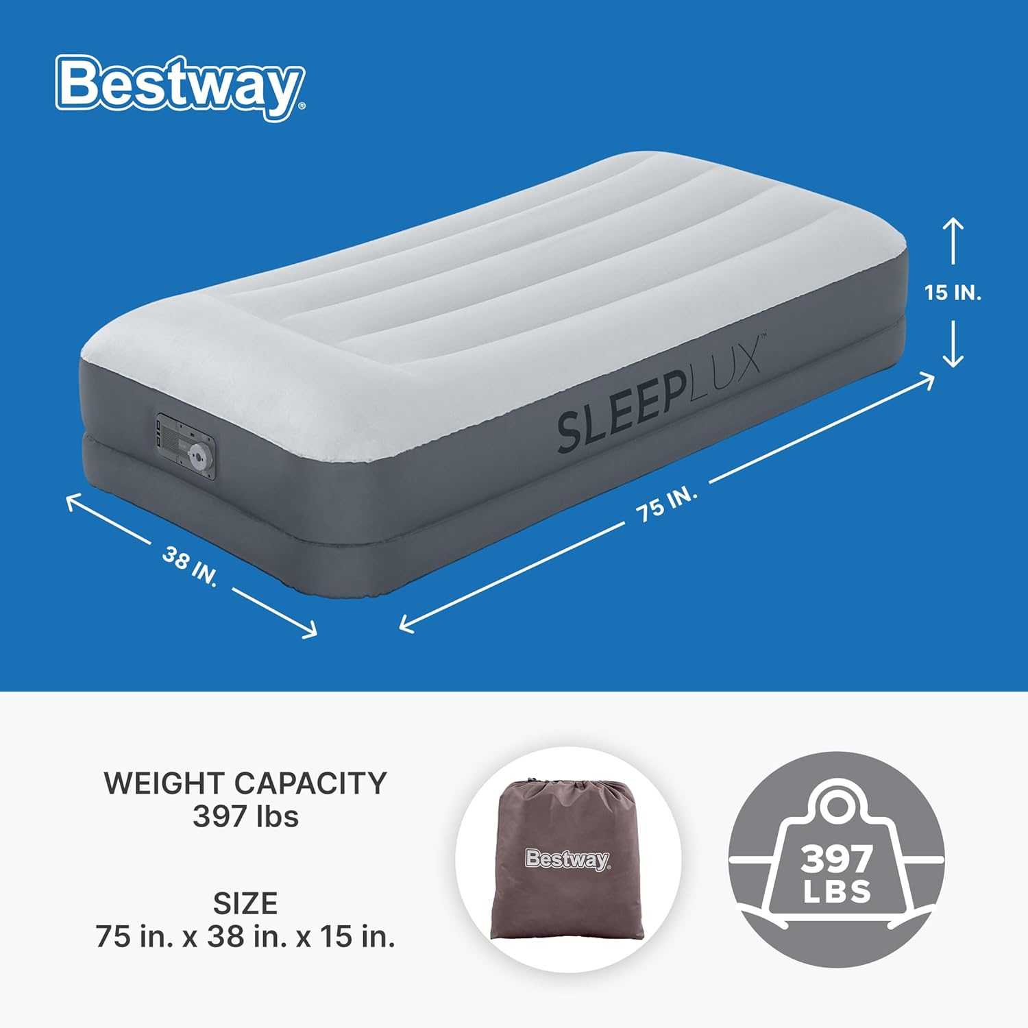 Twin Gray Polyester Inflatable Air Mattress with Built-in Pump