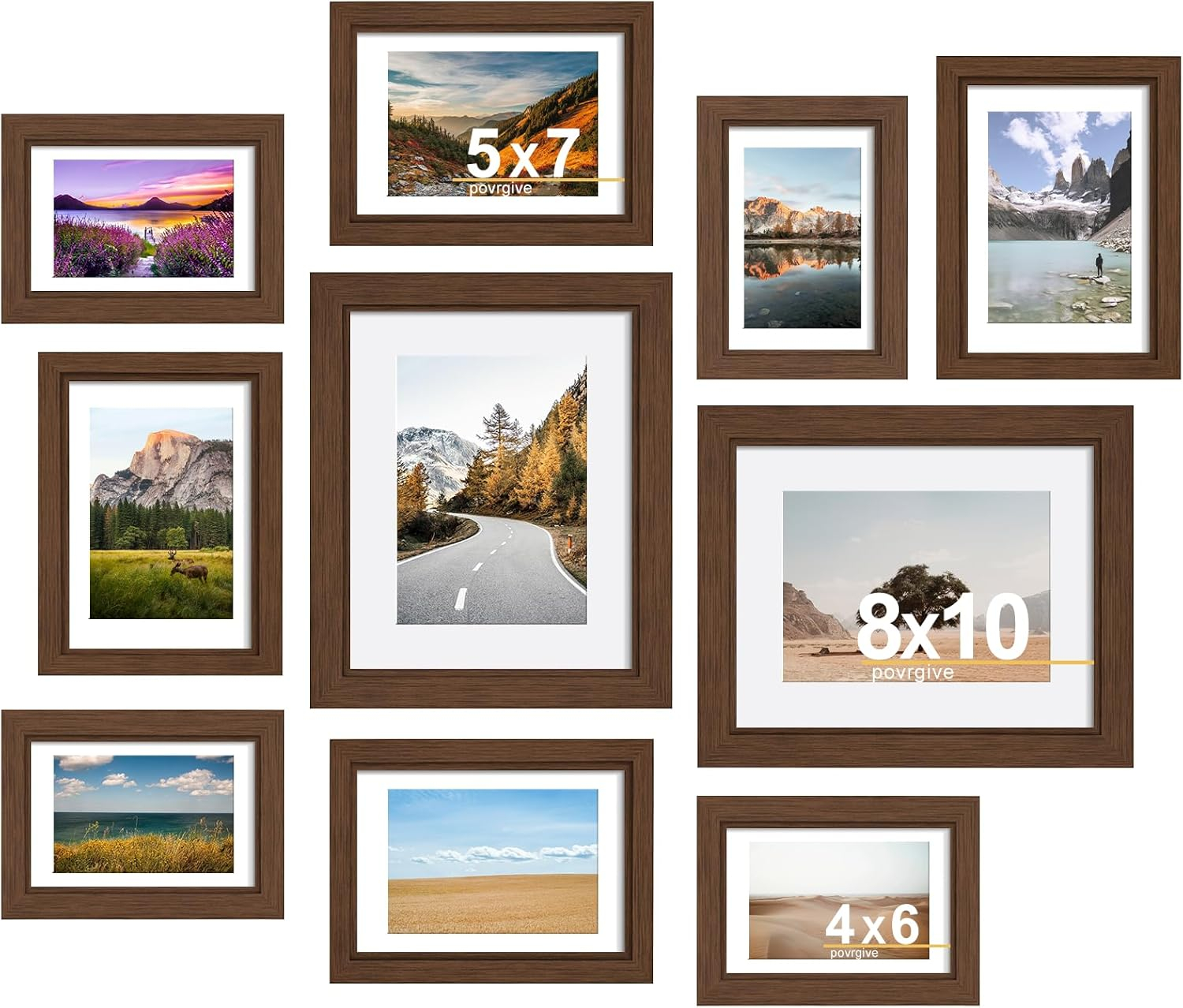 Picture Frames Set of 10, Collage Picture Frames for 8x10, 5x7, 4x6 Photos Real Glass for Wall or Tabletop