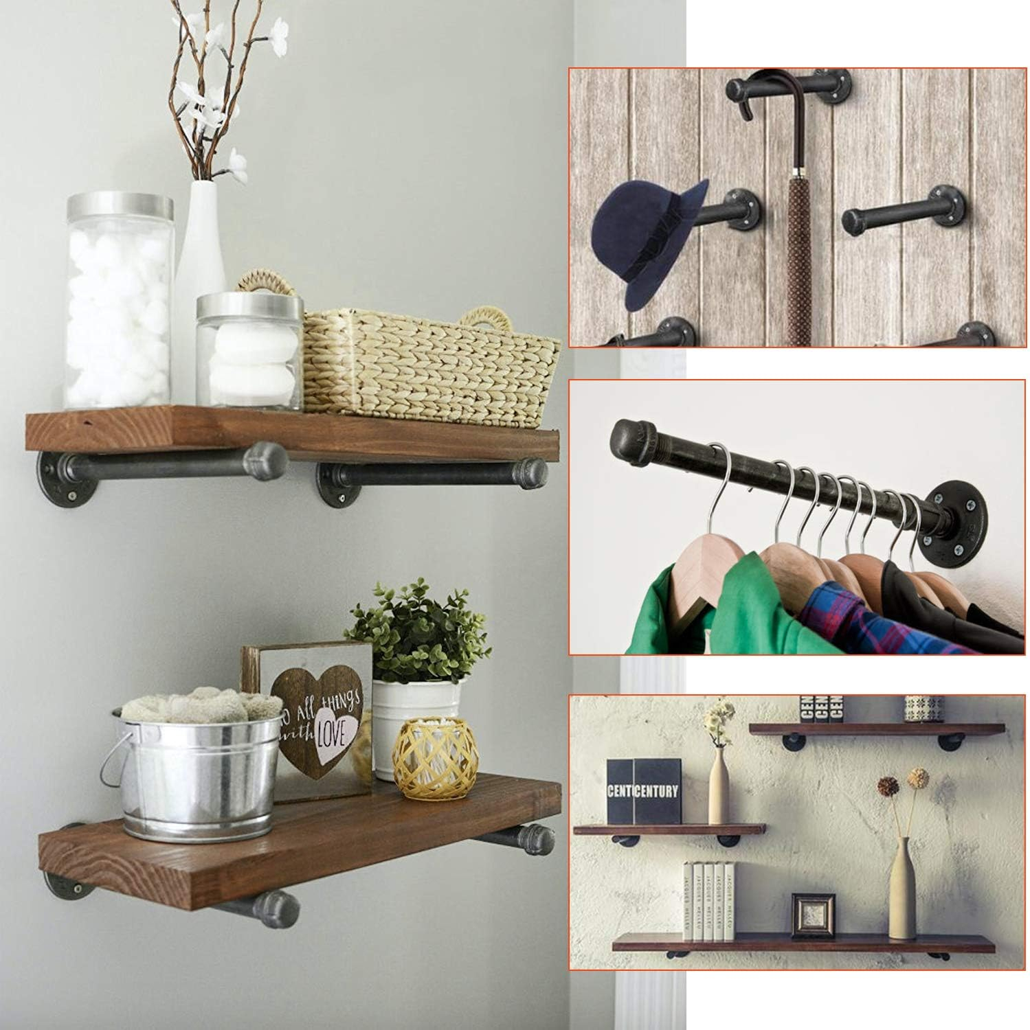 1/2" Industrial Black Iron Pipe Shelf Brackets, Rustic Wall Mounted DIY Shelving Brackets Hanging Custom Pipe Brackets for Floating Shelves (4, 6")