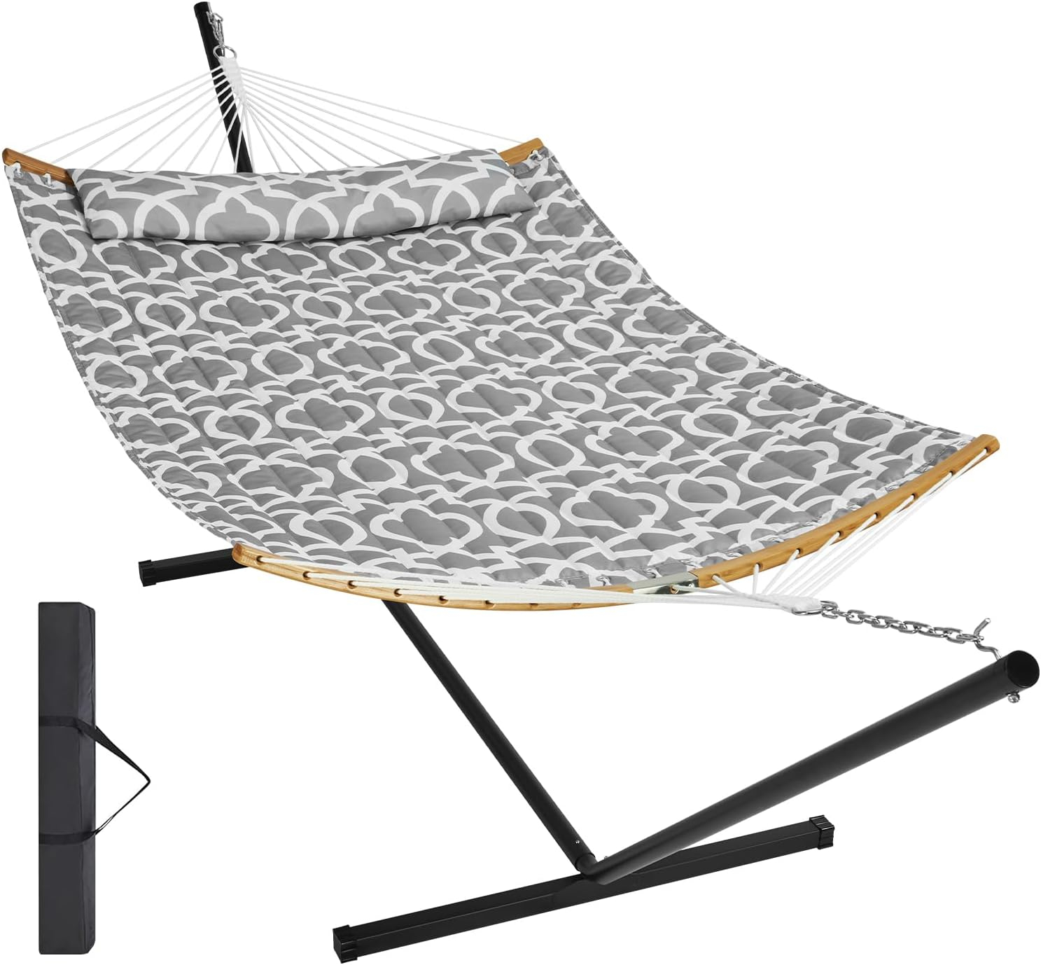 2 Person 12.3 ft Hammock with Stand Included Double Hammock with Curved Spreader Bar and Detachable Pillow