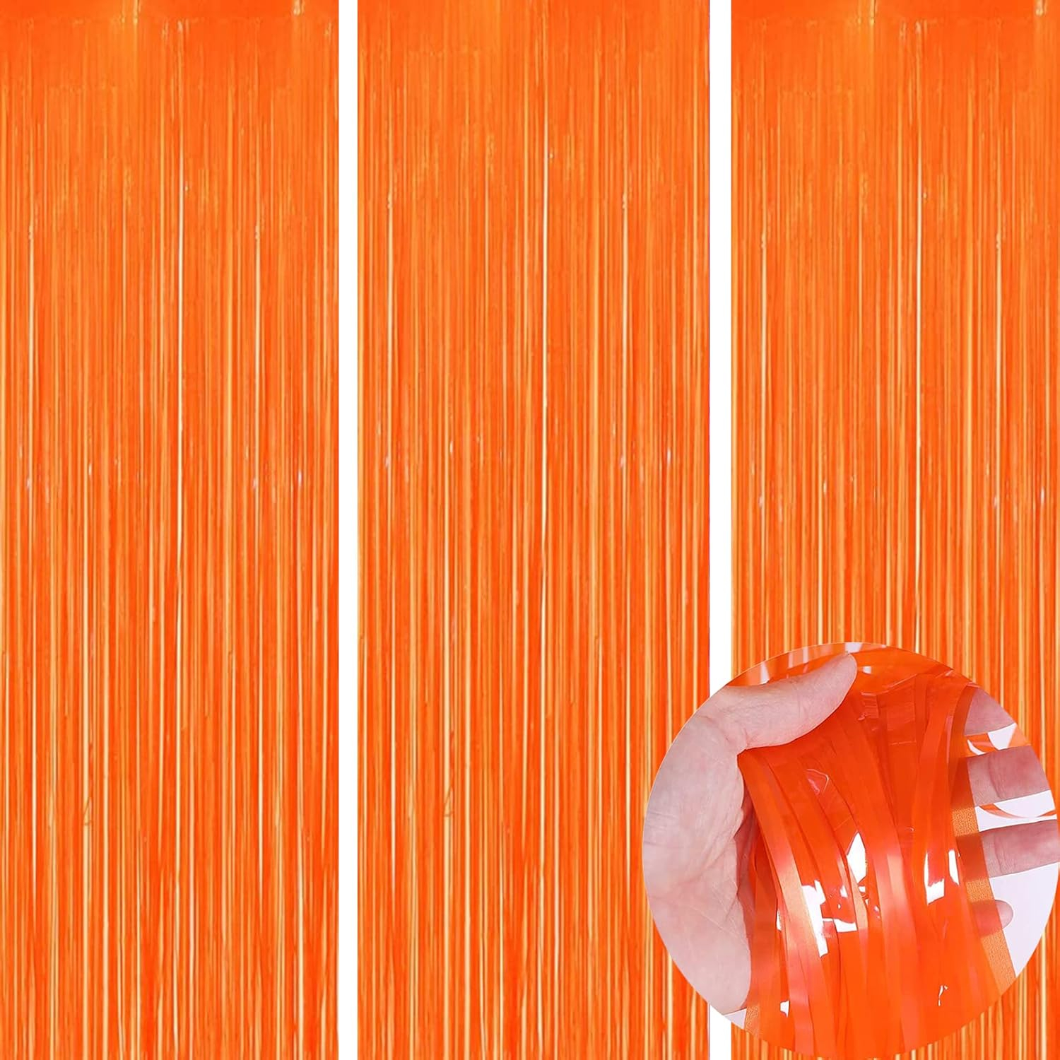 KIRIKOU Pack of 3 Foil Fringe Curtains Backdrop Party Decoration, Metallic Tinsel Curtain Photo Backdrop for Birthday Party Bridal Baby Shower Halloween Decorations (Orange, 3.2ft x 6.5ft)