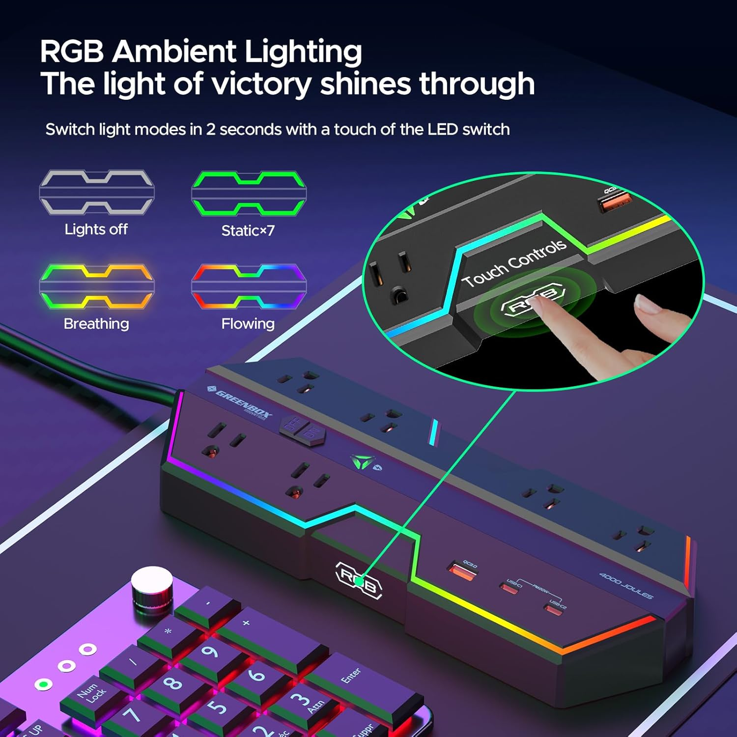 Black RGB Gaming Power Strip with USB Ports and Surge Protection