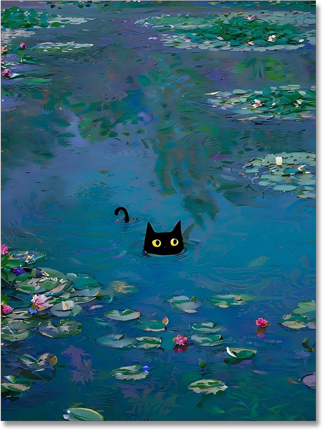Black Cat Wall Art Monet Canvas Prints Vintage Famous Oil Paintings Funny Cat in Water Lilies Posters Room Decor For Bedroom Living Room Bathroom Aesthetic Wall Decor 12x16in Unframed