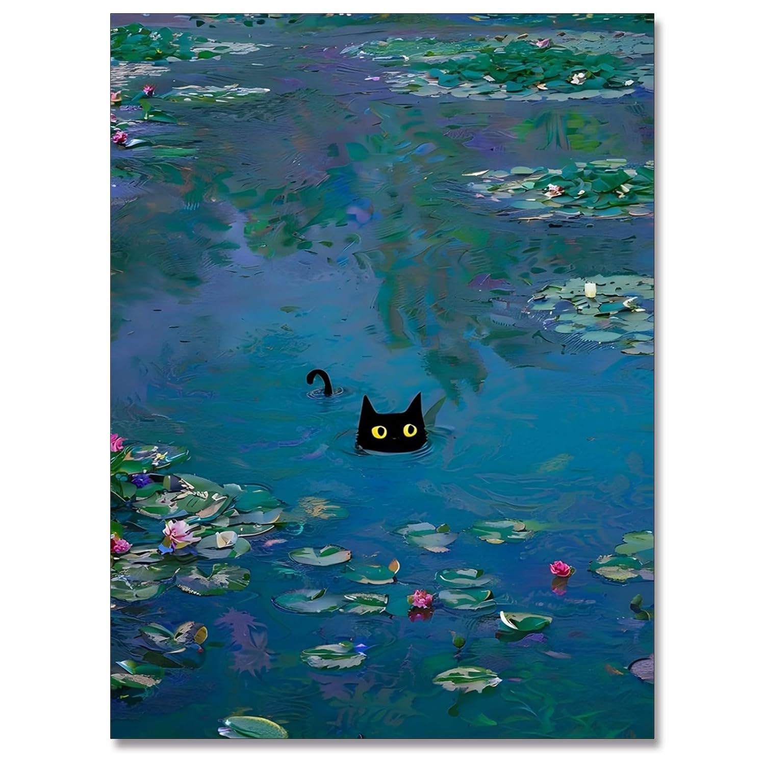 Black Cat Wall Art Monet Canvas Prints Vintage Famous Oil Paintings Funny Cat in Water Lilies Posters Room Decor For Bedroom Living Room Bathroom Aesthetic Wall Decor 12x16in Unframed