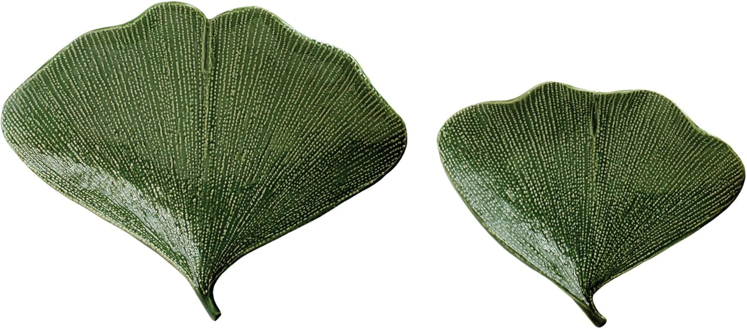 Creative Co-Op Boho Stoneware Gingko Leaf Shaped Plates, Set of 2 Sizes, Green