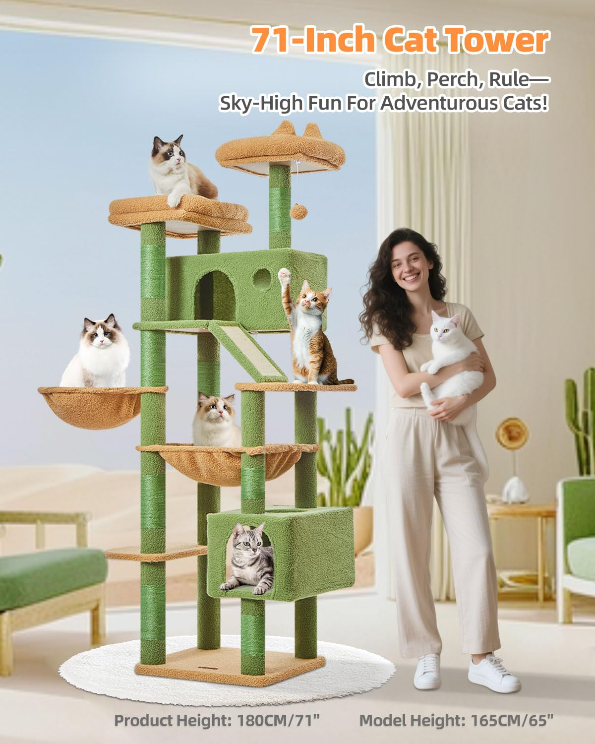 71-Inch Large Cat Tree For Large Cats Plush Multi-Level Cat Condo With 8 Scratching Posts 2 Perches Cave Hammock 2 Pompoms Scratch Board