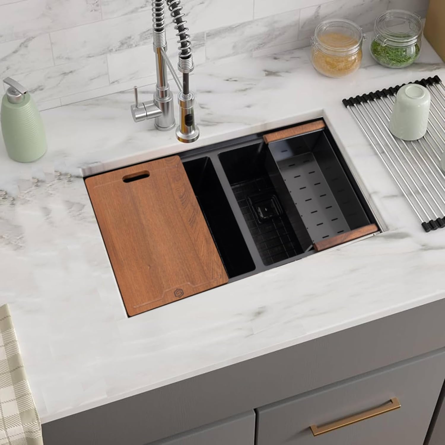 32" Black Stainless Steel Double Bowl Workstation Sink with Accessories