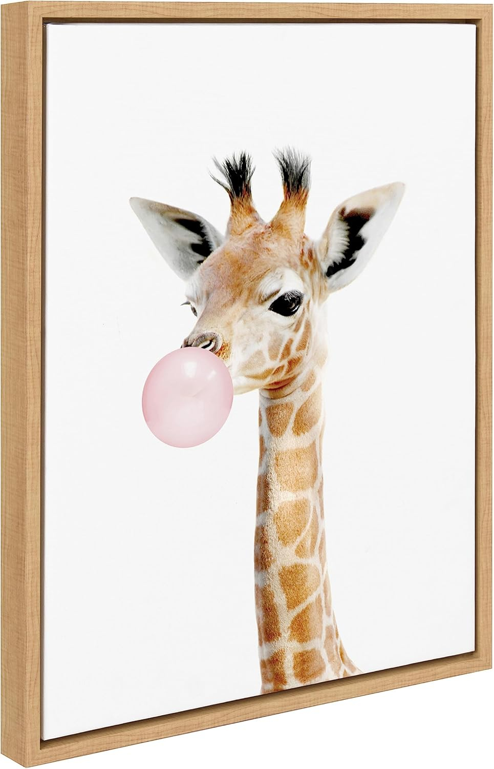 Kate and Laurel Sylvie Bubble Gum Giraffe Framed Canvas Wall Art by Amy Peterson Art Studio, 18x24 Natural, Cute Whimsical Animal Art for Wall