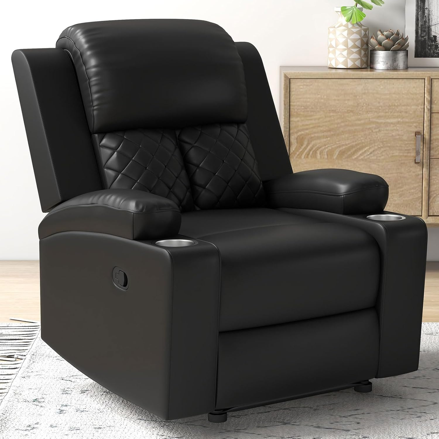 Bonzy Home Manual Recliner Chair for Adults, Comfortable Faux Leather Home Theater Seating with Overstuffed Backrest and Armrests, 2 Cup Holders, Black