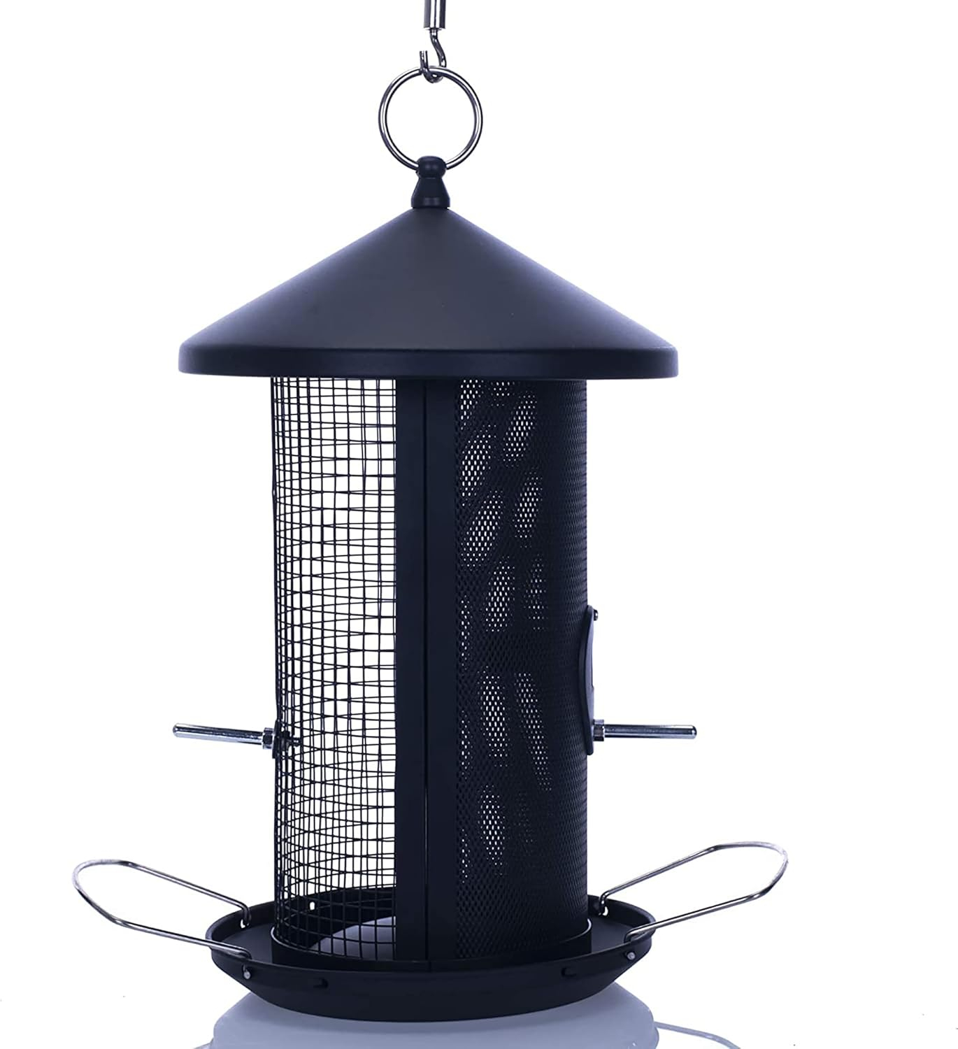 Matte Black Heavy Duty Metal Hanging Bird Feeder with Dual Nut and Seed Compartments