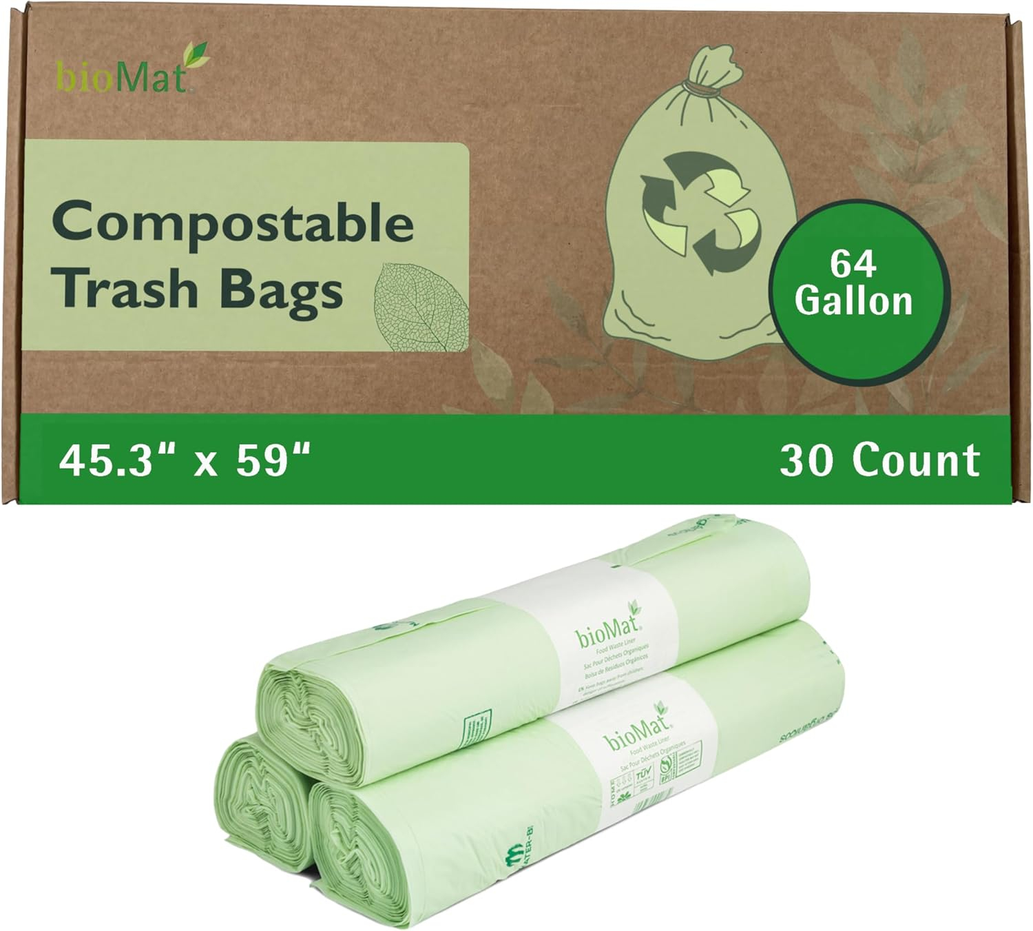 bioMat 64 Gallon Compostable Trash Bags, 30 Count, Large Compost Bags for Compost Bin, BPI Certified ASTM D6400, Tear Resistant, Keep Bin Clean