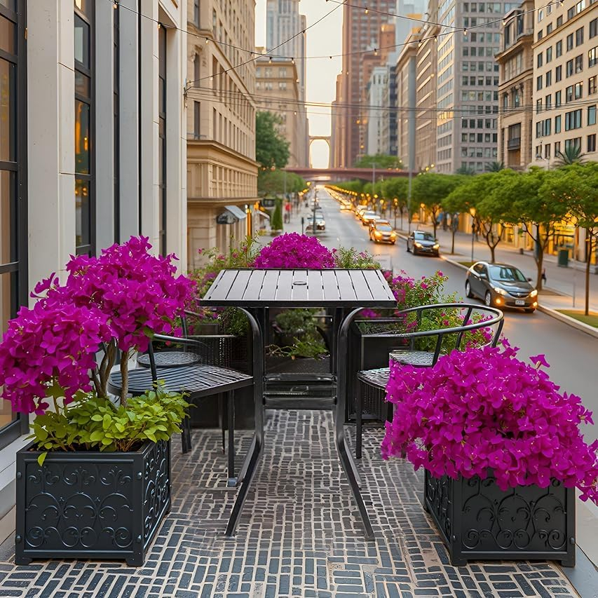 Patio Height Bar Table, Outdoor Bistro Square High Top Dining Table with 1.57'' Umbrella Hole & Steel Slat Table Top (Black)