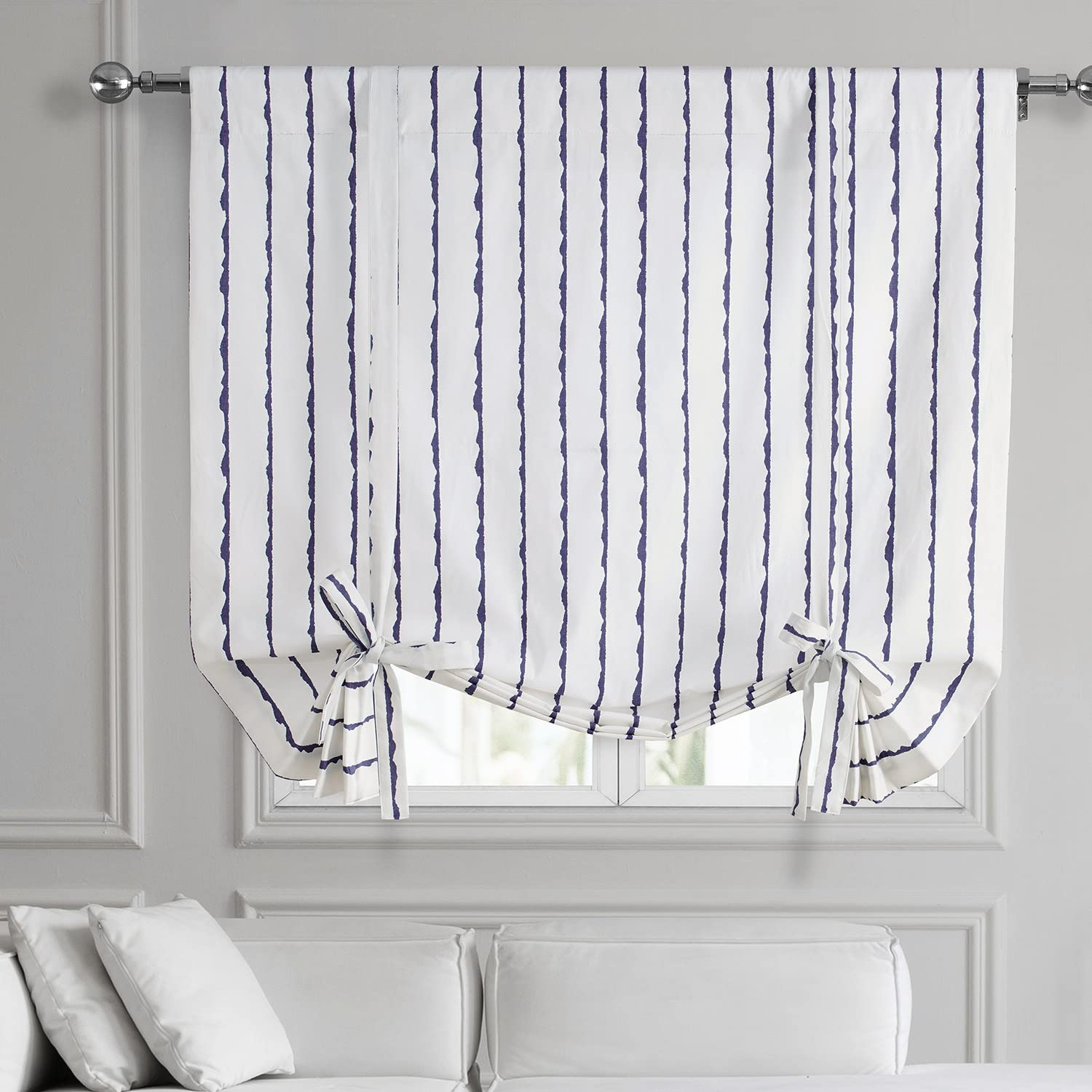 Exclusive Fabrics  Sharkskin Printed Cotton Tie-Up Window Shade (1 Panel) 46 X 63 - Sharkskin Blue Stripe