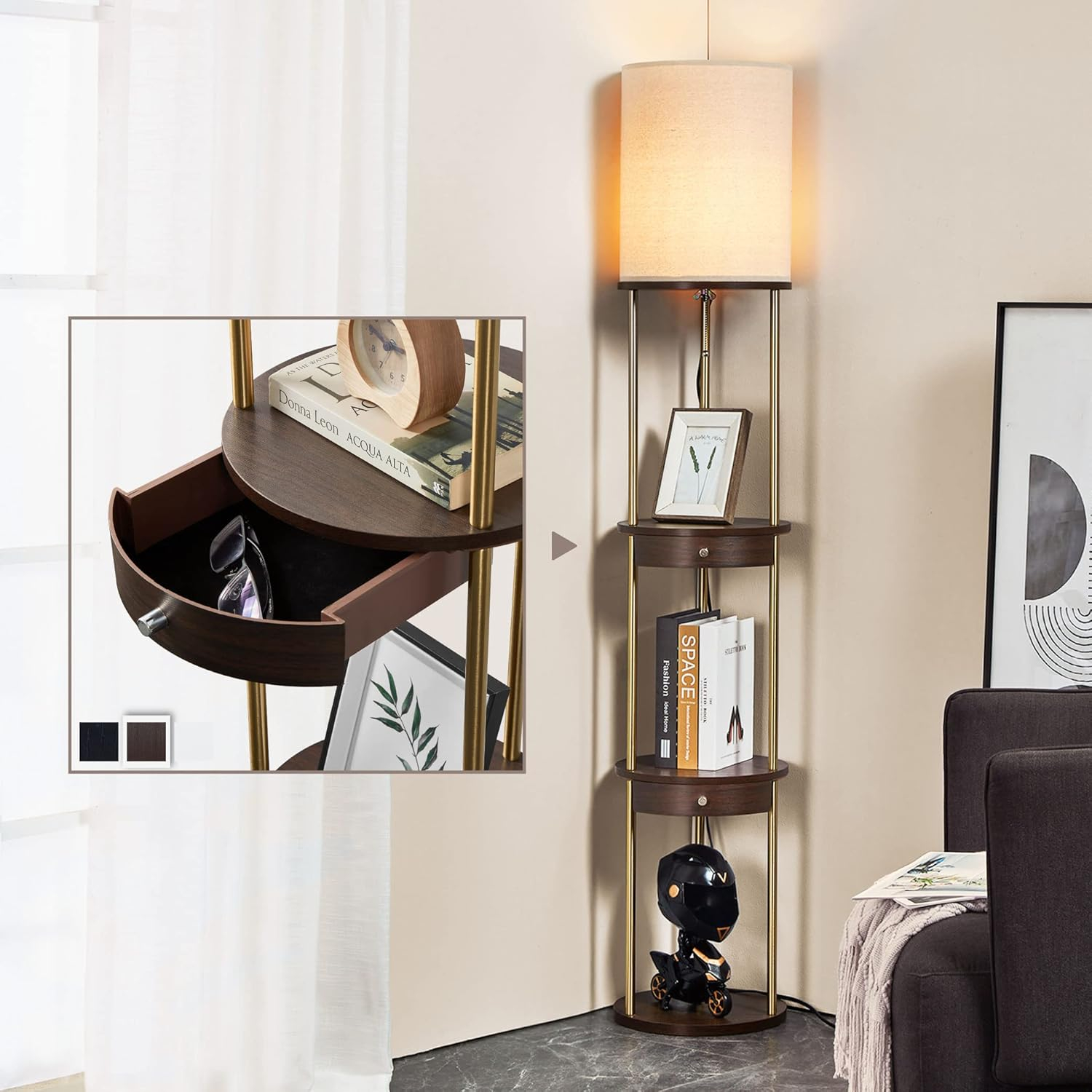 ATAMIN Aria Drawer Edition Floor Lamp with Shelves and Drawer, Modern Floor Lamp for Bedroom and Living Room, 63", Brown