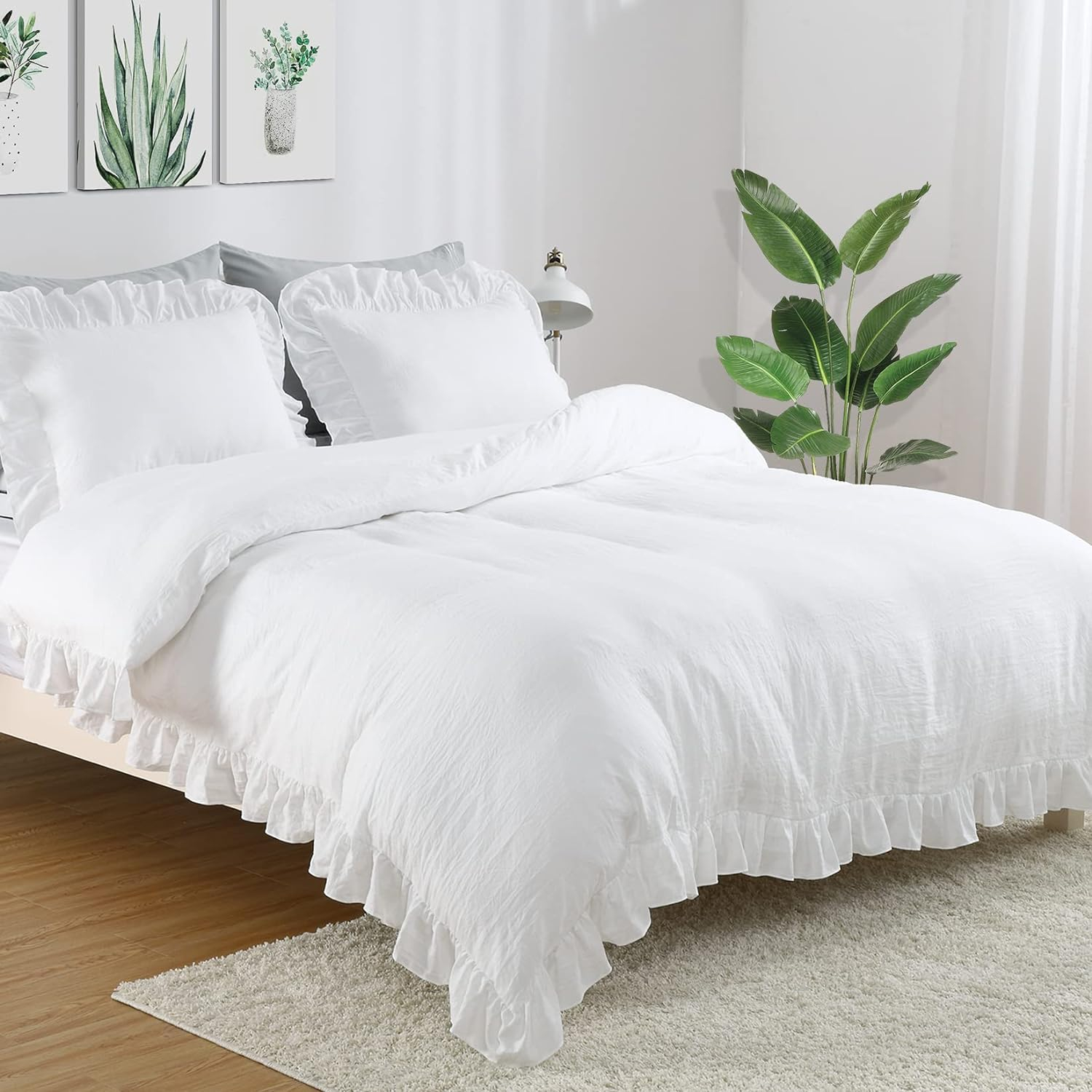 Haperlare 3Pcs Queen Size White Ruffle Duvet Cover Soft Washed Microfiber Vintage French Country Duvet Cover Set for Queen Bed, 90x90 in