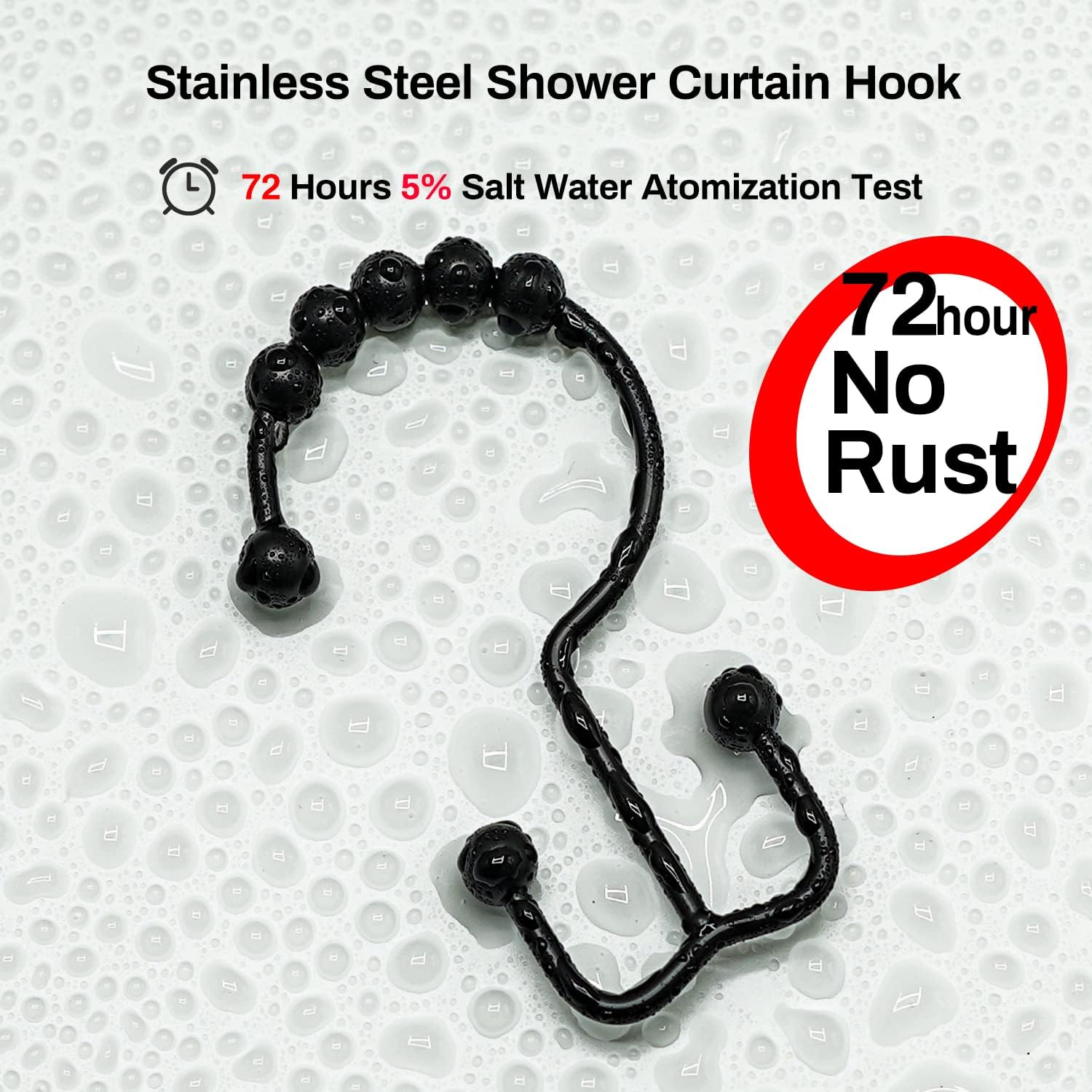 BloomFlower Black Shower Rod with 12 Hooks, 43-72 Inches, Rust Resistance, Adjustable Tension Rod with Durable Spring