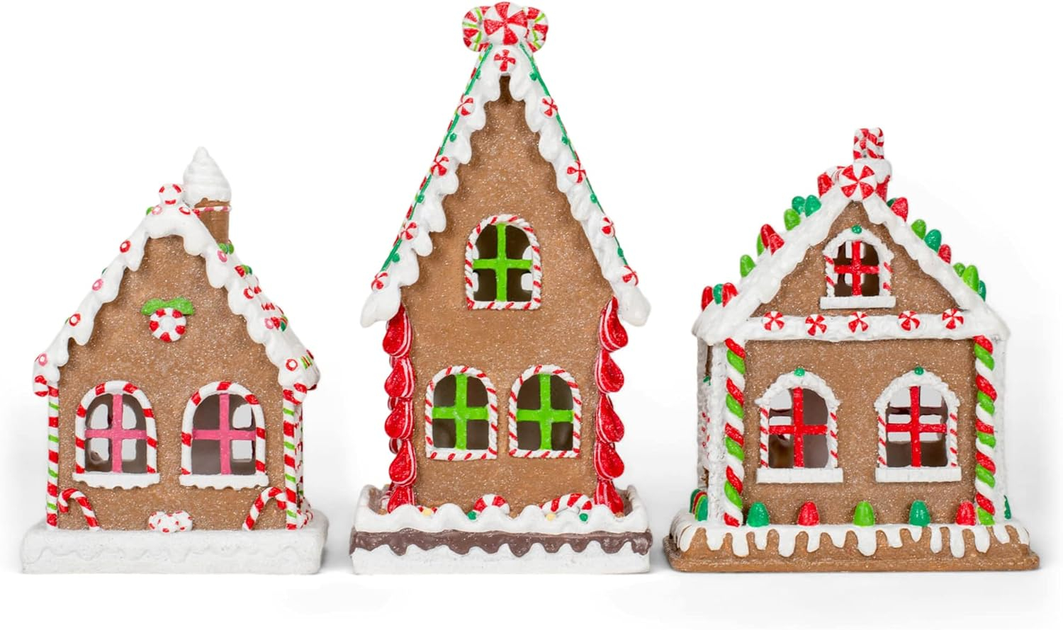 Mark Feldstein & Associates Gingerbread Village Red 8 inch Porcelain Holiday Tea Light Figurines Set of 3