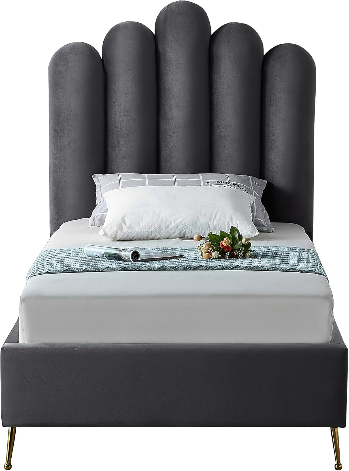 Meridian Furniture Lily Collection Modern | Contemporary Velvet Upholstered Bed with Deep Channel Tufting and Custom Gold Steel Legs, Twin, Grey