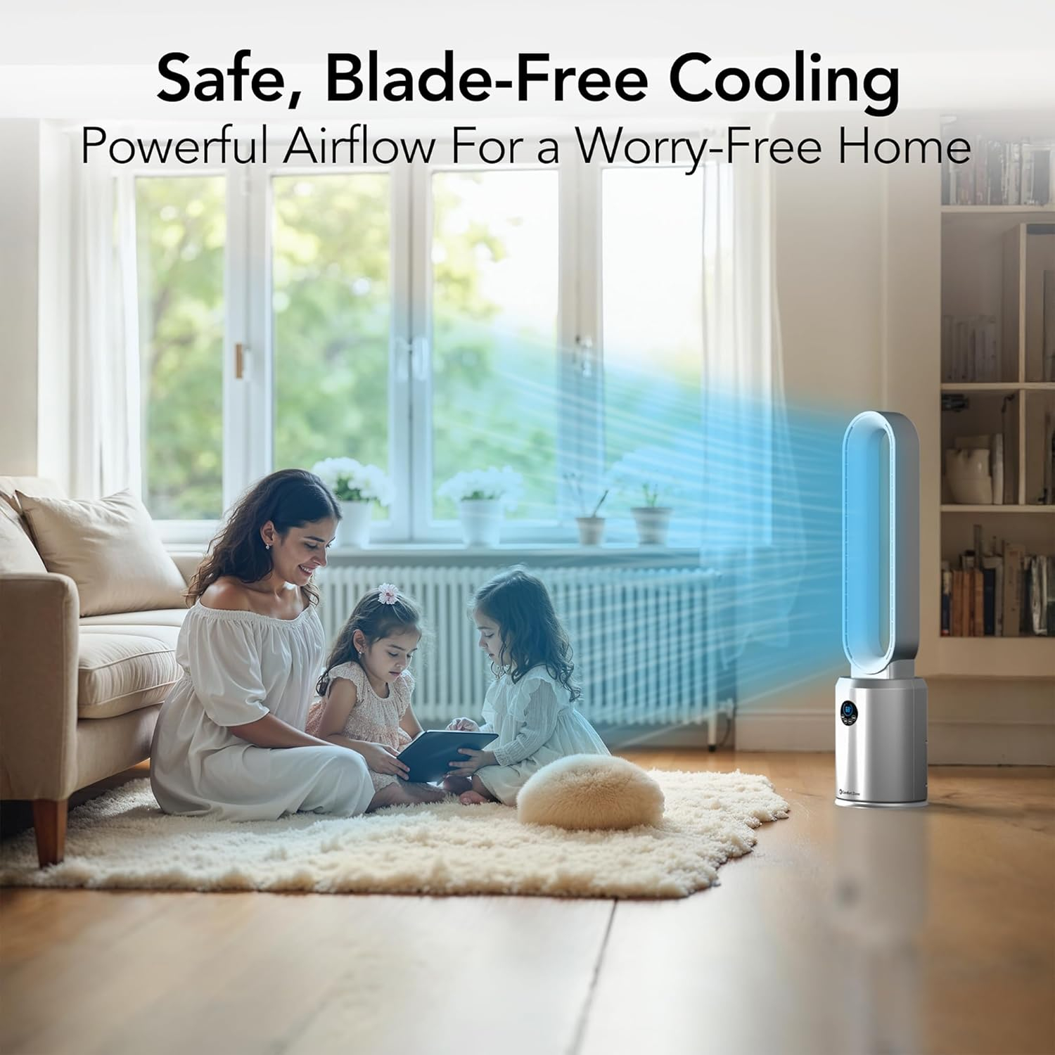 Comfort Zone 40" Bladeless Tower Fan with Remote Control, 9H Timer, Wide Area Oscillation, Push Button Digital Display, 3 Speeds, Silver