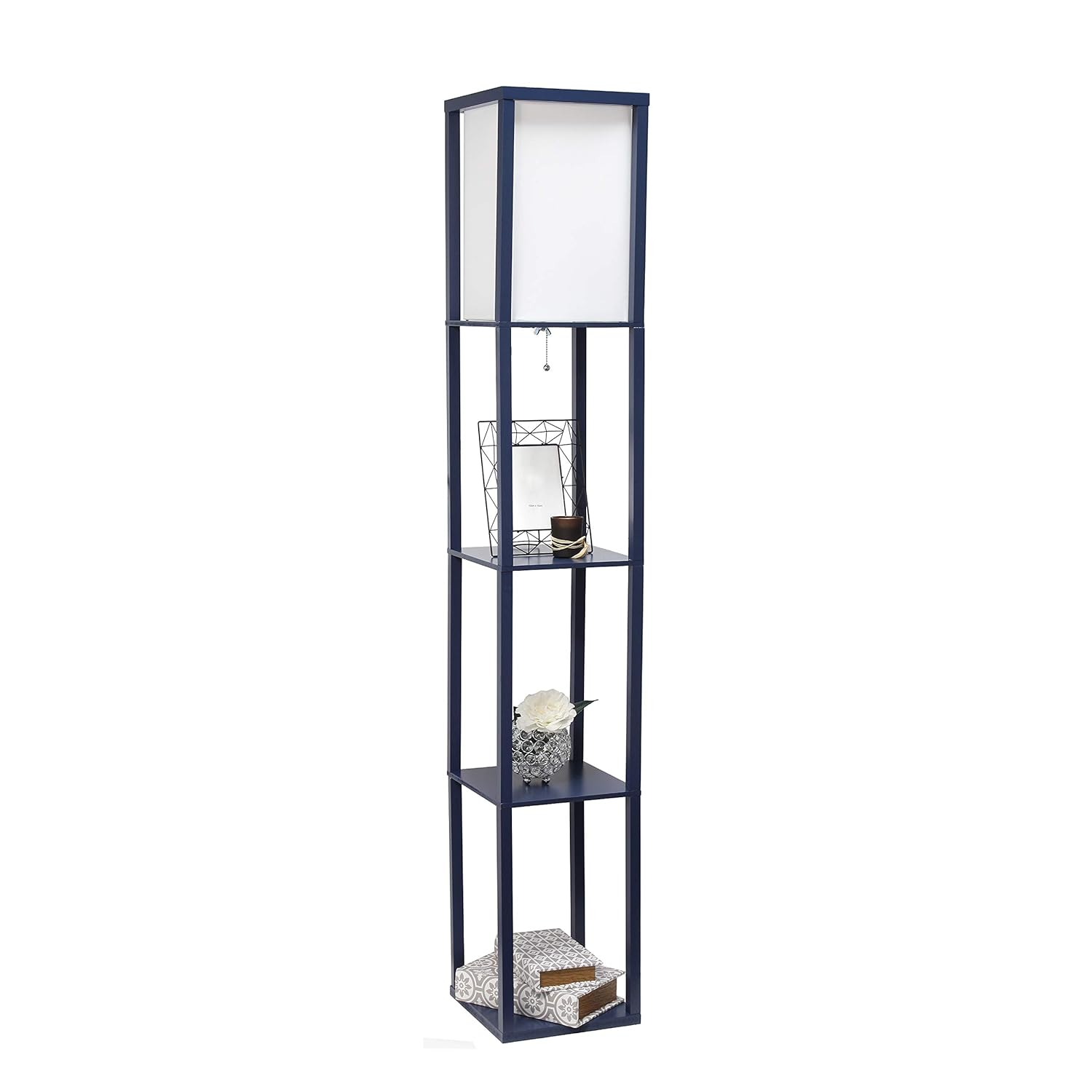 Simple Designs 62.5" Floor Lamp Etagere Organizer Storage Shelf with Linen Shade, Navy Blue