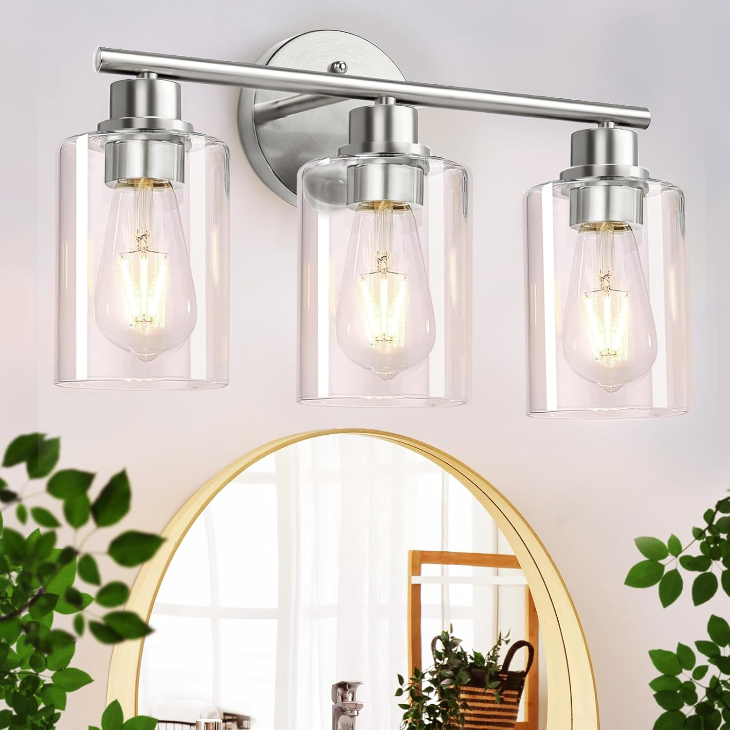 3-Light Bathroom Light Fixtures, Brushed Nickel Vanity Light, Farmhouse Wall Lights with Clear Glass Shade, Bathroom Wall Lamp for Mirror Kitchen Bedroom Hallway Living Room Hallway Cabinet