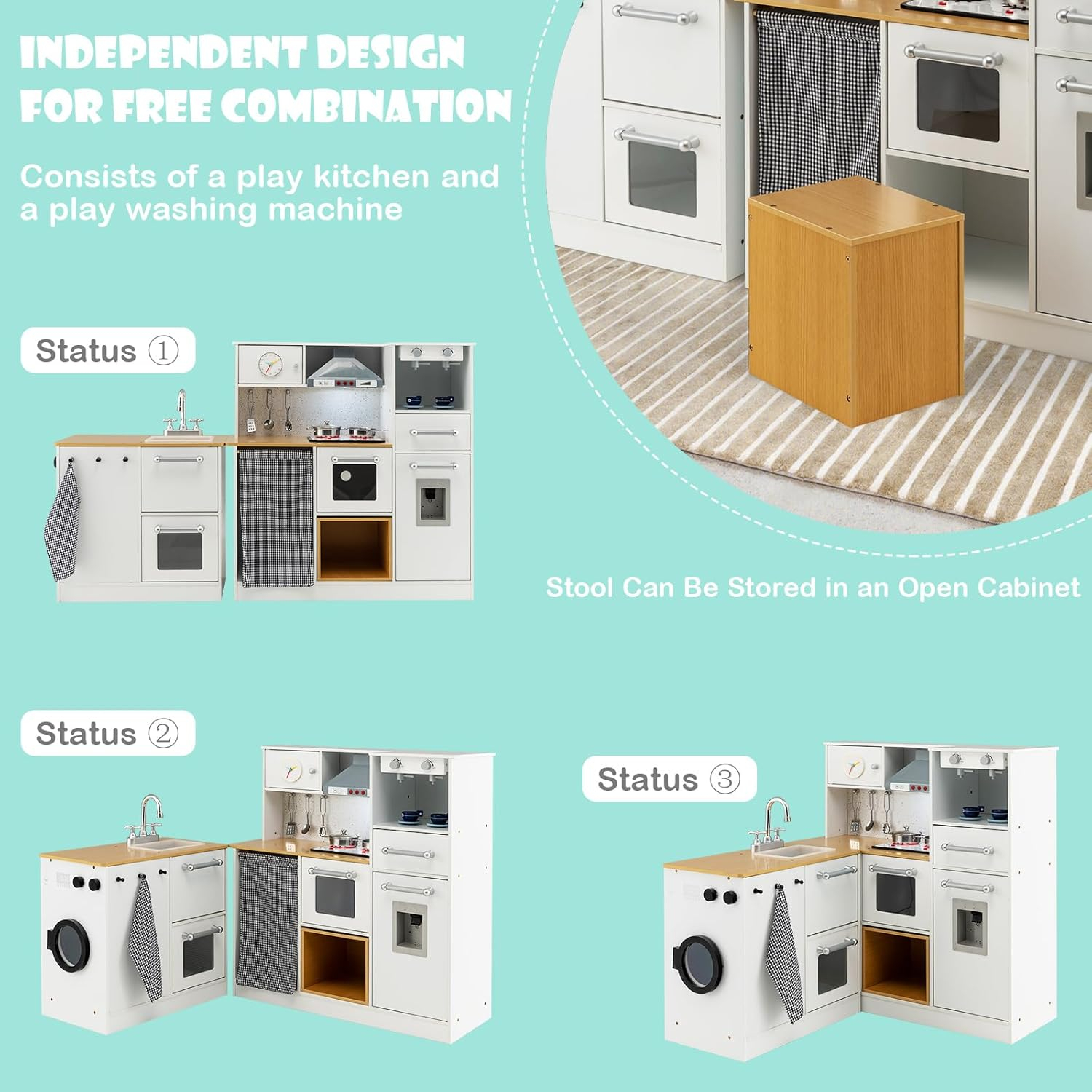 HONEY JOY Kids Kitchen Playset, 2-Piece Modular Wooden Corner Toy Kitchen Set/Washing Machine & Sink, Coffee Maker, Range Hood & Stove, Stool, Little Chef Pretend Play Kitchen for Toddlers, Natural