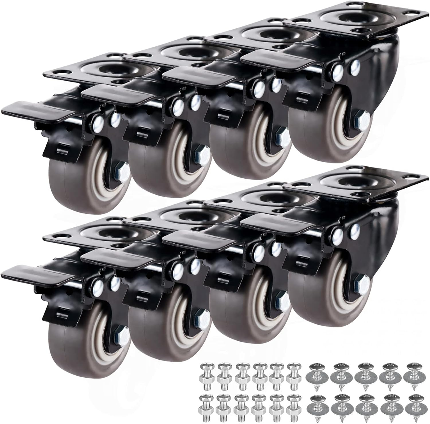 2" Casters Set of 8 Heavy-Duty Industrial Caster Wheels with Brake PU Wheels Double Locking and Double Ball Bearing Swivel Locking Casters Noiseless for Workbench, Furniture, Plate Castors Grey