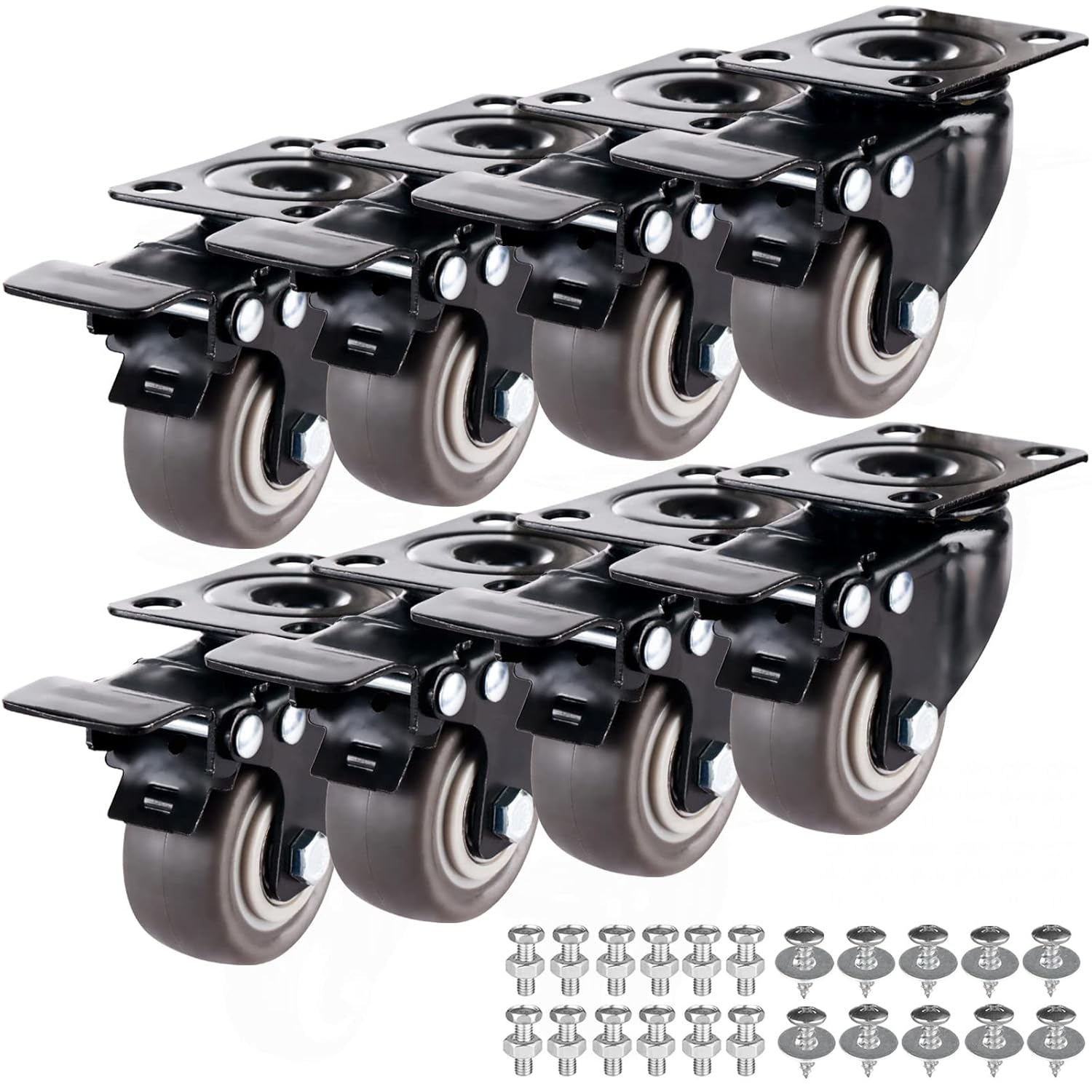 2" Casters Set of 8 Heavy-Duty Industrial Caster Wheels with Brake PU Wheels Double Locking and Double Ball Bearing Swivel Locking Casters Noiseless for Workbench, Furniture, Plate Castors Grey