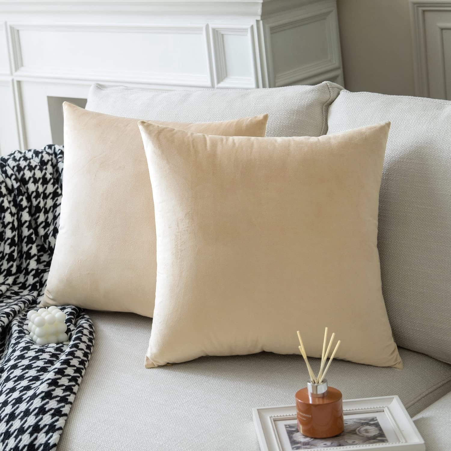 Toptie Set of 2 Velvet Pillow Covers 18" x 18", Throw Cushion Case for Sofa Bedroom (Beige)
