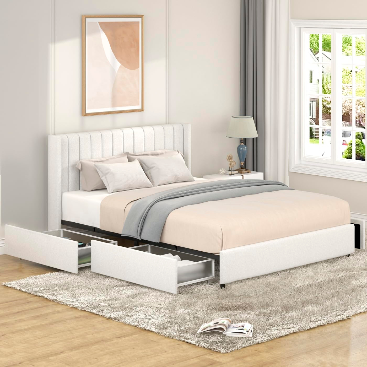 GDFStudio Upholstered Bed with Storage,Queen Size Platform Bed Frame with 4 Drawers Tufted Headboard, Wooden Slat Mattress Support No Box Spring Needed Easy Assembly, Ivory Boucle