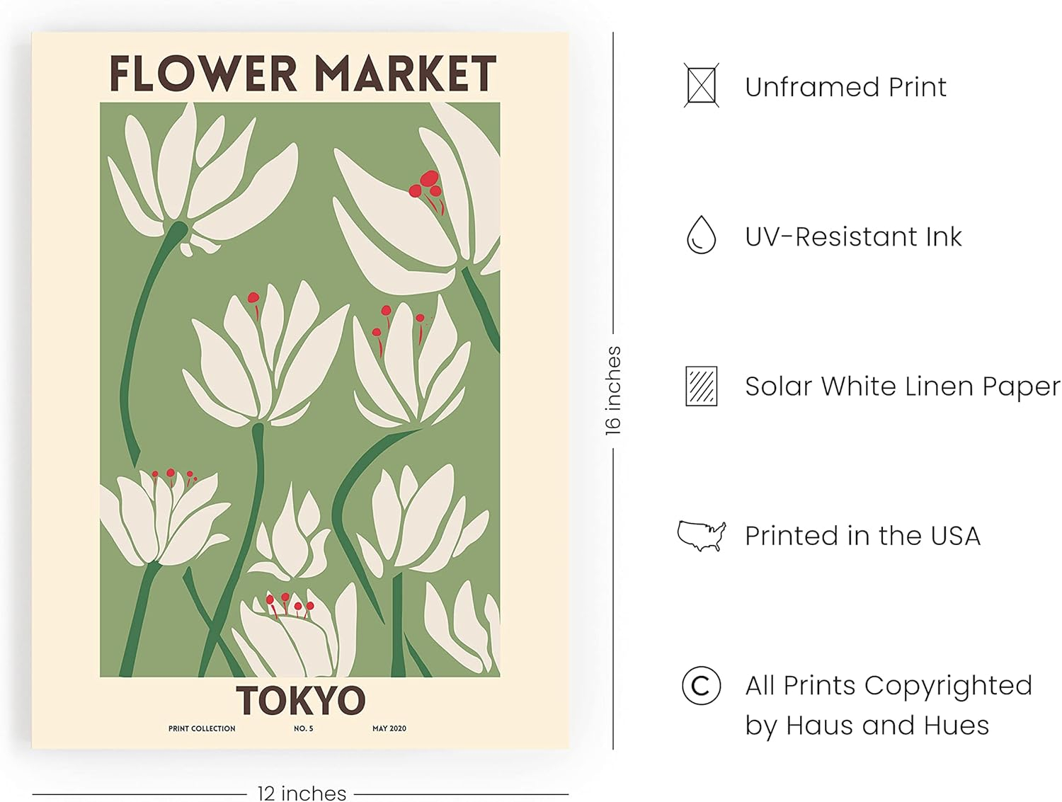 HAUS AND HUES Flower Market Poster Botanical Decor - Flower Wall Art, Flower Poster Vintage & Flower Prints Wall Art Sage Green Wall Art & Floral Prints UNFRAMED 12"x16" (Flower Market Sage)