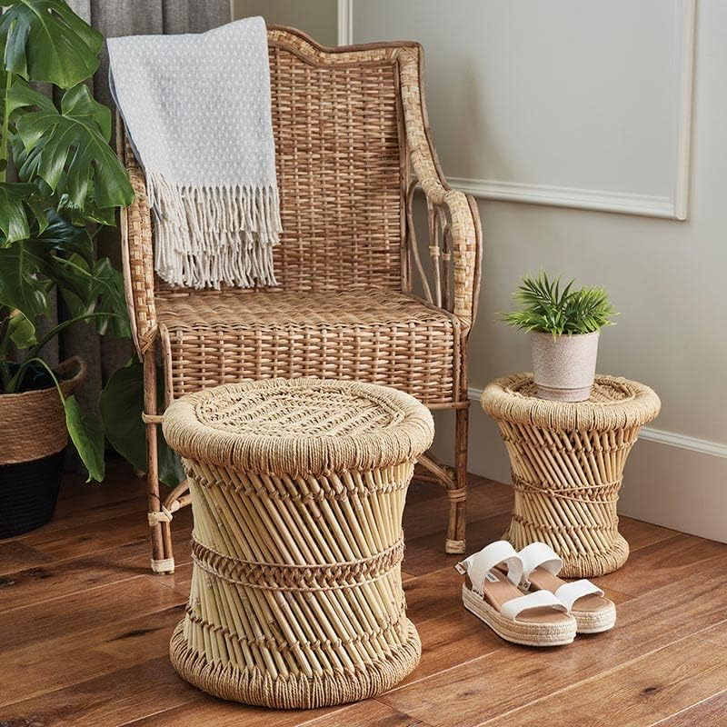 Natural Bamboo Round Woven Accent Stools, Set of 2