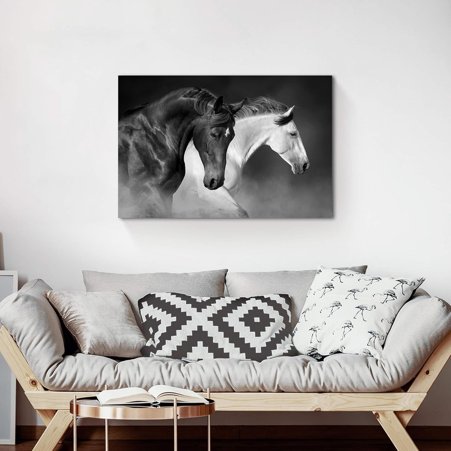 Shadudu Wild Horses Canvas Wall Art - Black White Horse Racing Picture Two Vintage Animals Artwork Print Painting for Home Office Bedrooms 36x24in