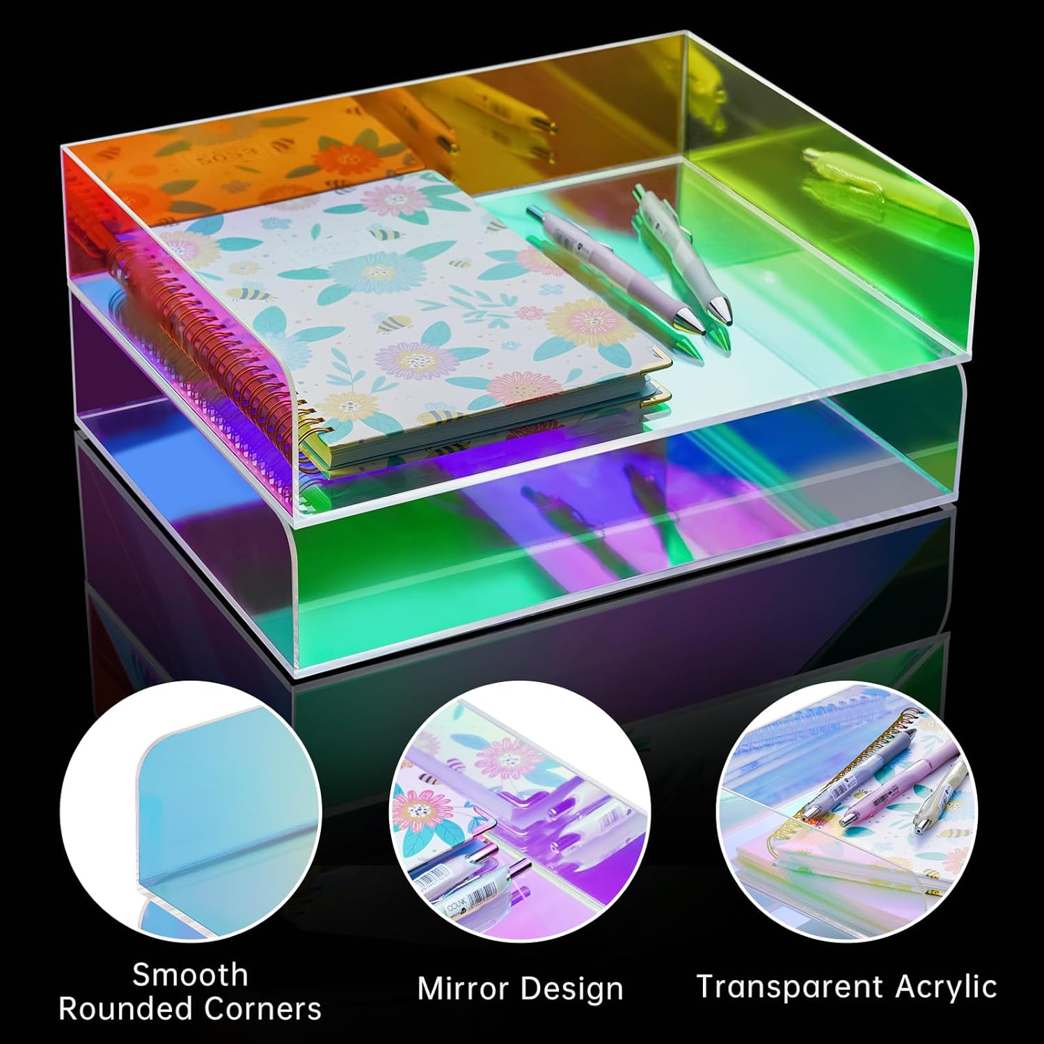 Acrylic Letter Tray 2-Tier Iridescent Stackable Desk Paper Tray Organizer and Office Accessories Supplies, Rainbow Letter Size Desk Accessories Storage Organization (Portrait)
