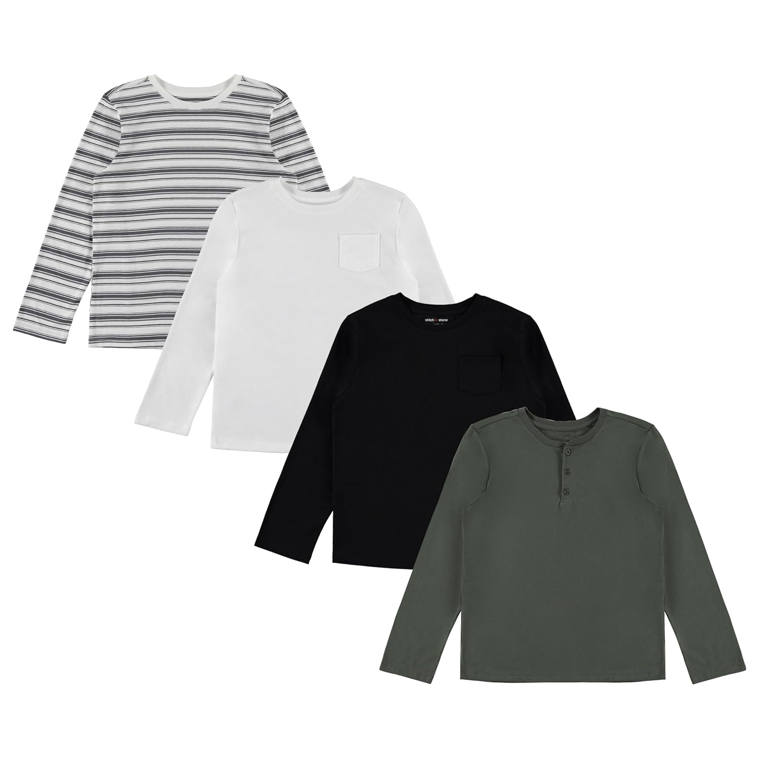 STITCH & STONE Boys 4 Pack Long Sleeve Tops, Soft Cotton Crewneck Tees, Casual Boys Clothing, Comfortable Everyday Wear