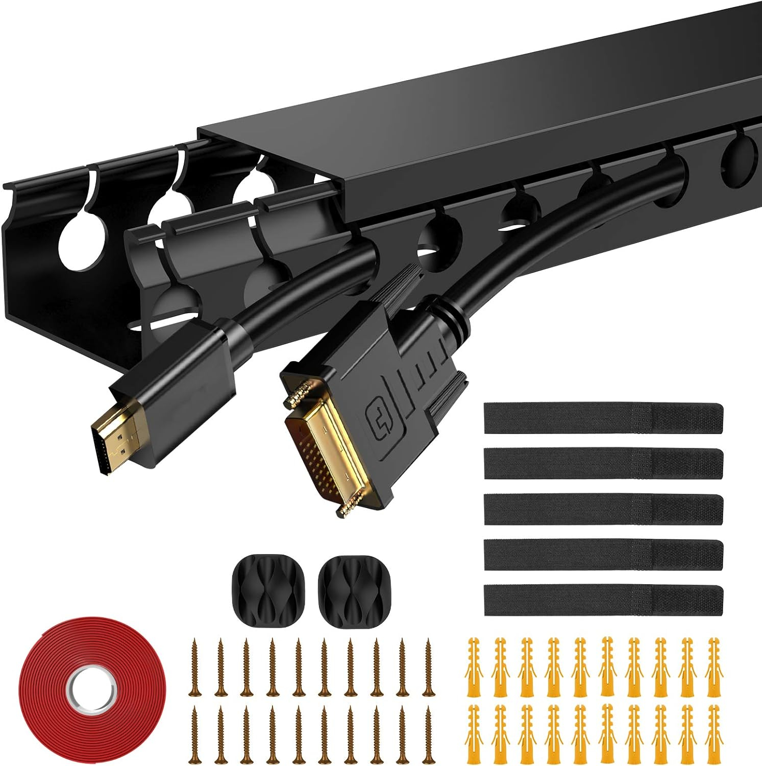 Updated Cable Raceway Kit - 77 (5x15.4) Inch Open Slot Wire Covers for Cords, Under Desk Cable Management System to Hide Under Desk/Tv/Computer/Net/Power Cords, (Pack 5)
