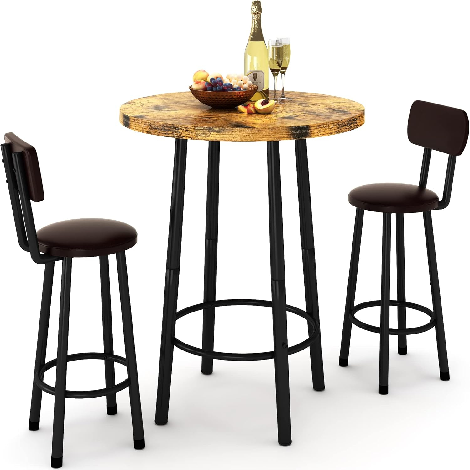 Recaceik 3 Piece Pub Dining Set, Modern Round bar Table and Stools for 2 Kitchen Counter Height Wood Top Bistro Easy Assemble for Breakfast Nook Living Room Small Space Restaurant, Rustic Brown