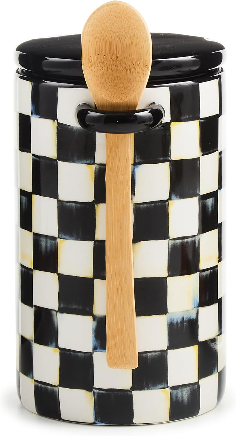 Black and White Ceramic Checkered Canister Set with Wooden Spoons