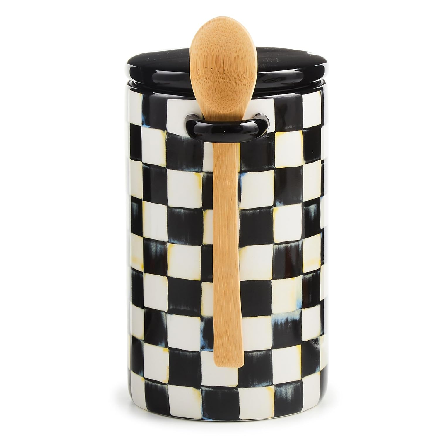 Black and White Ceramic Checkered Canister Set with Wooden Spoons