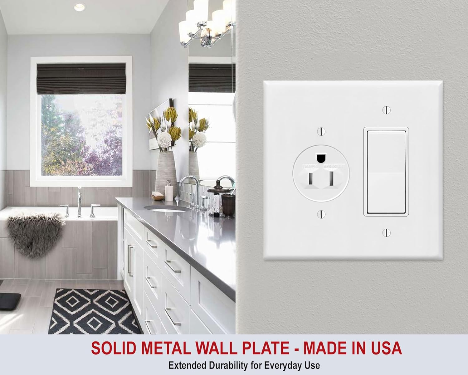 2 Gang Combination METAL Wall Plate - (1) Decora - GFCI - Rocker with (1) 1.406" Single Simplex Style Receptacle - Light Switch Plate Cover, Steel Painted White, UL Listed, 4.5" x 4.5" - Made in USA