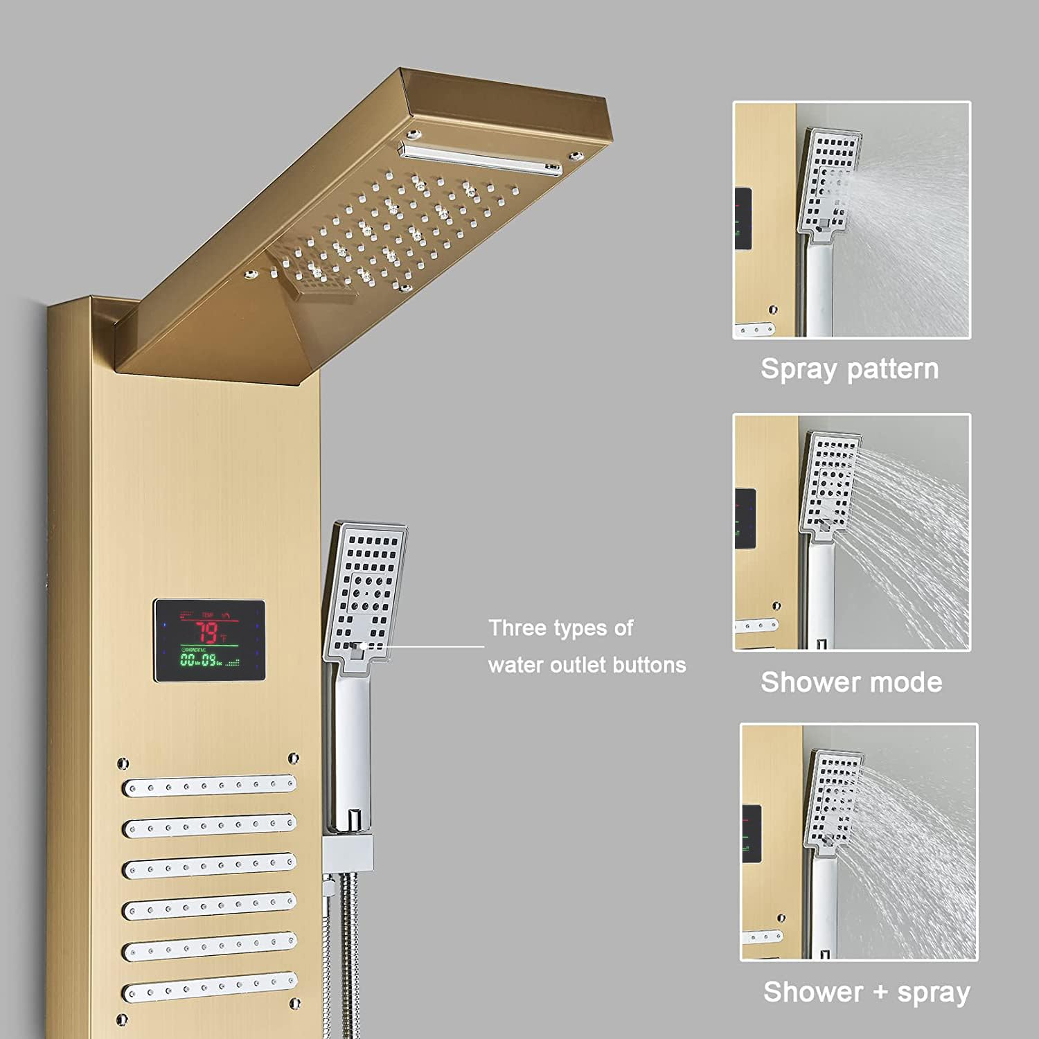 ELLO&ALLO LED Rainfall Waterfall Shower Head Rain Massage System with Body Jets Stainless Steel Bathroom Shower Panel Tower System, Brushed Gold