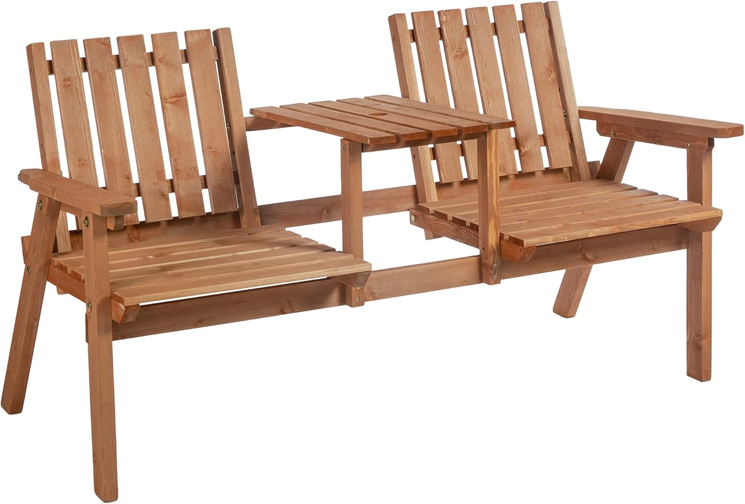 Outsunny Patio Bench, Wood Garden Bench with Center Table & Umbrella Hole, Wooden Outdoor 2 Chair Set, Slatted, Varnished, Orange