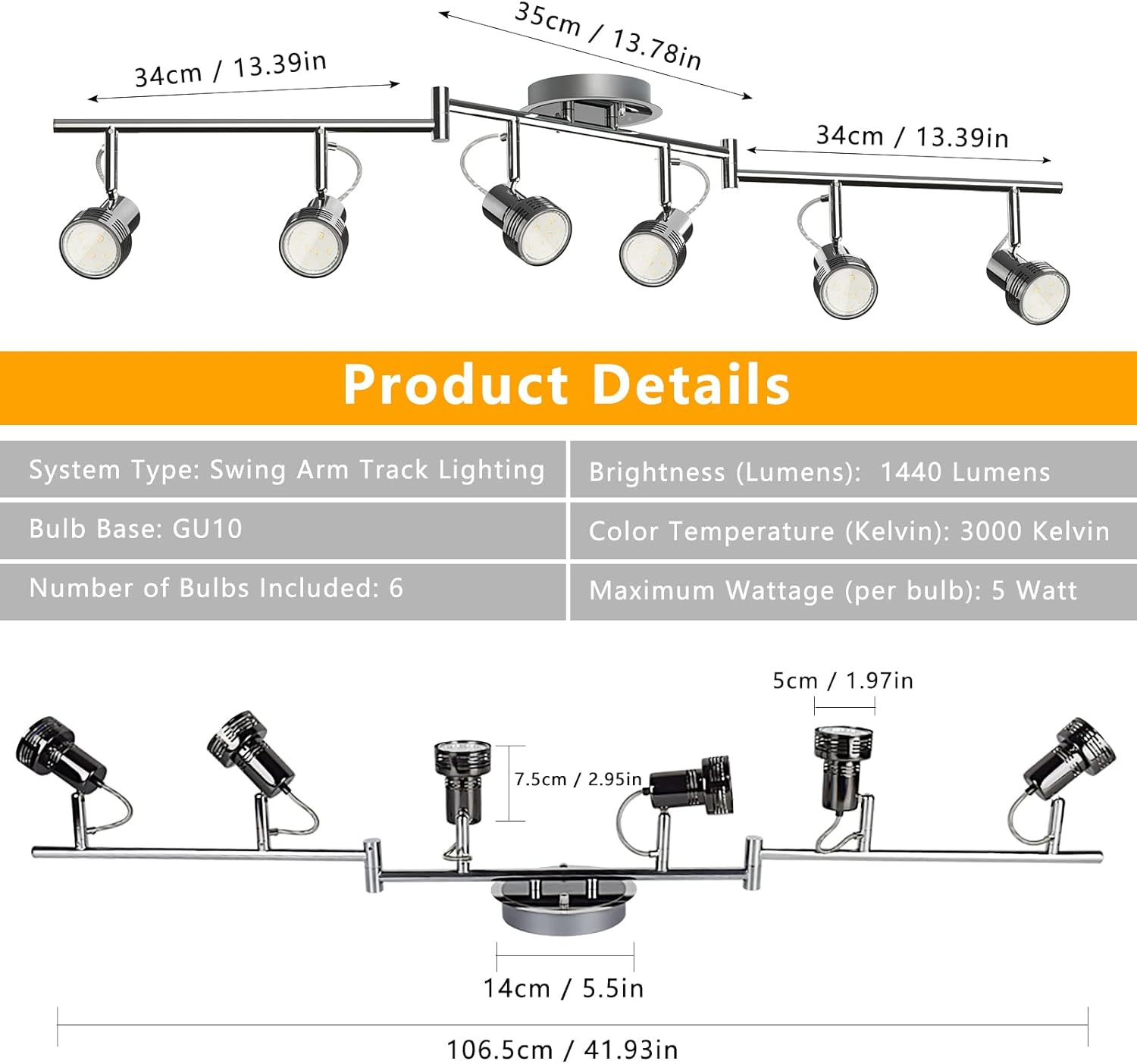 Depuley 6-Light Modern LED Track Ceiling Spotlight, Directional Flush Mount Foldable Ceiling Track Light Kit Rotatable Heads and Swing Arms for Living Room Kitchen Dining, GU10 Bulb Include