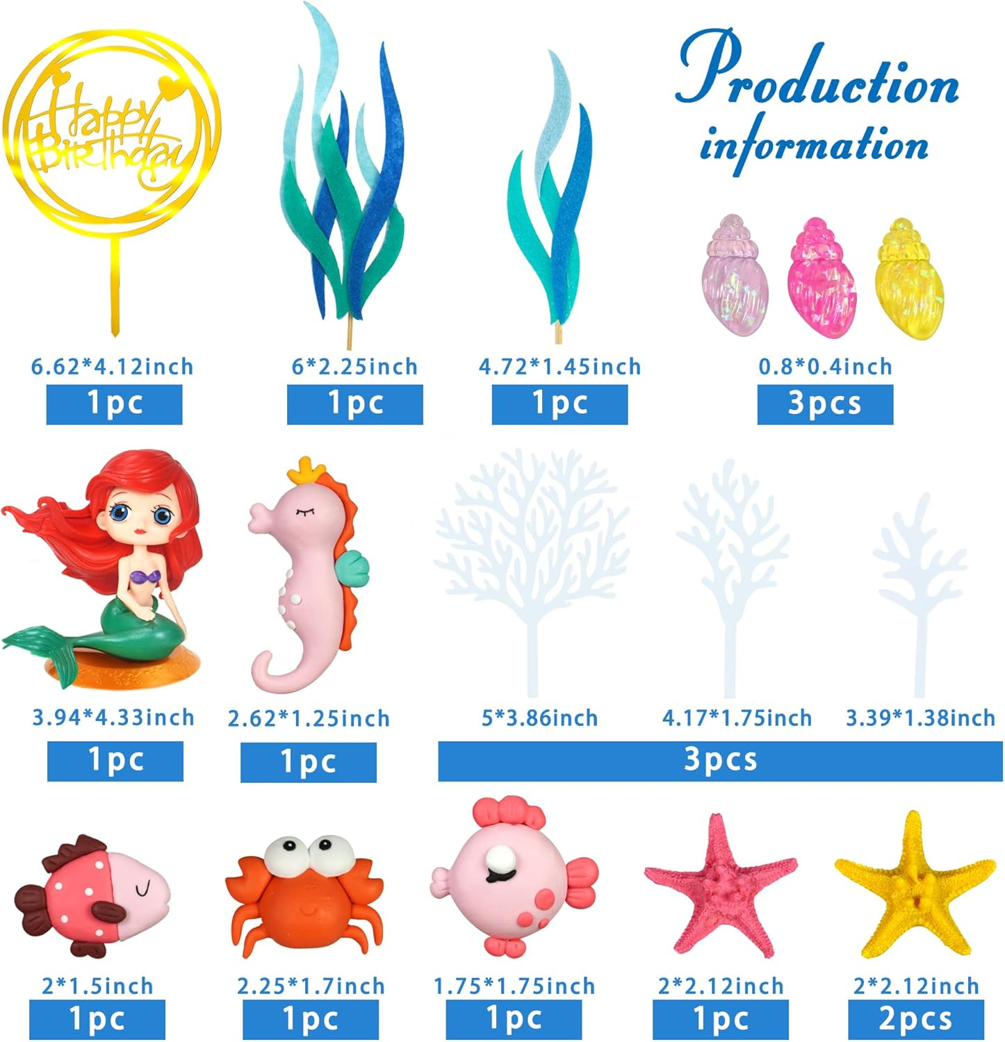 17 PCS Mermaid Cake Toppers Ocean Animals Under the Sea Cake Decorations with Ariel Model for Mermaid Under the Sea Theme Baby Shower Birthday Party Supplies (style 1)